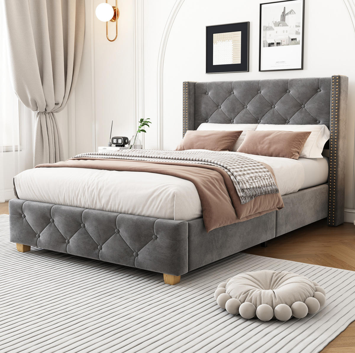 BETT 90x200 cm Samt Grey mit Lattenrost - Grau, Metall (90/200cm) - Meubliv