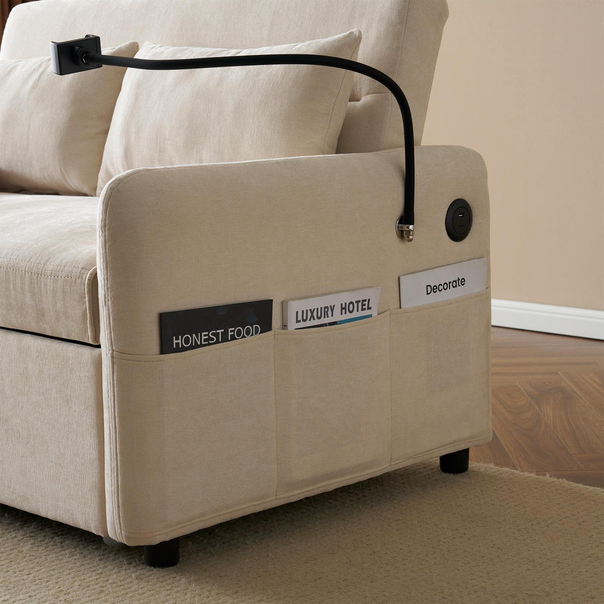 SCHLAFSOFA klappbar mit Rückenlehne, Handyhalter und USB - Beige, Textil (129/81/76cm)
