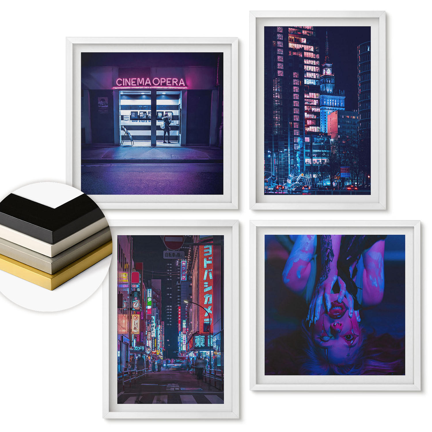 WANDBILDER 4er-Set - 50x50 cm & 40x60 cm Weißer Rahmen - Nachtstadt mit Neonlichtern - Weiß, Kunststoff (50/50cm) - ArtPrintCave