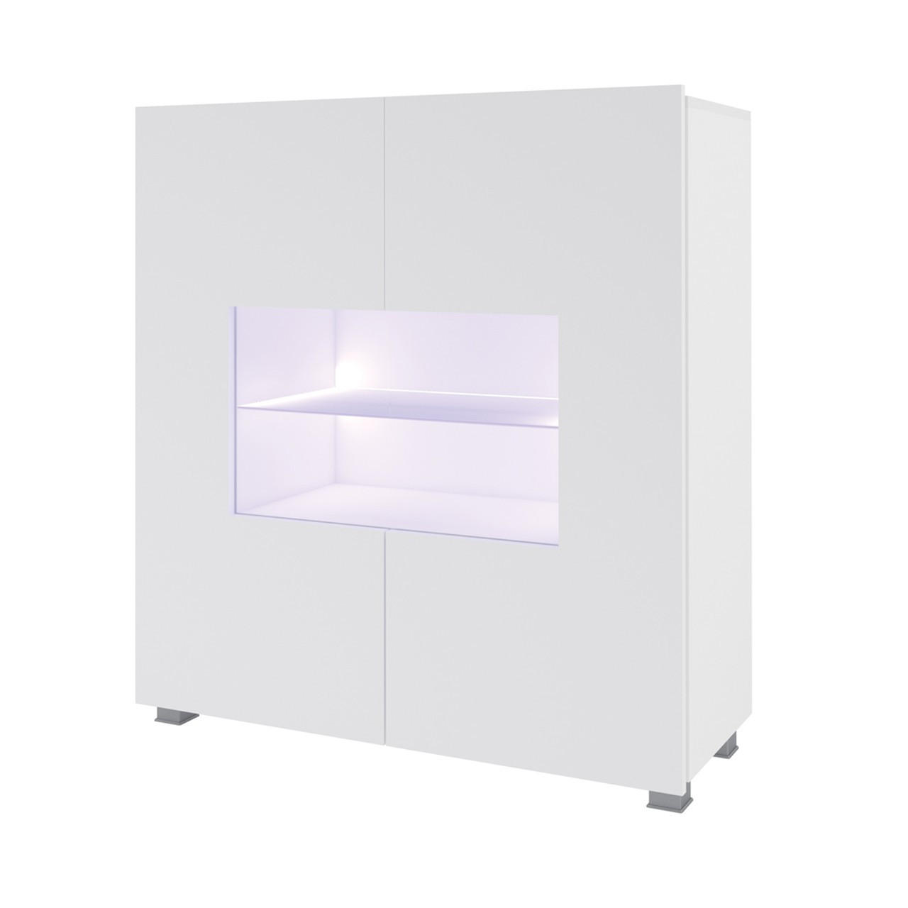 KOMMODE Bird Weiß, zweitürige Kommode, mit LED und Silber Beine - Silberfarben/Weiß, Glas/Holzwerkstoff (100/107/35cm) - Bettso