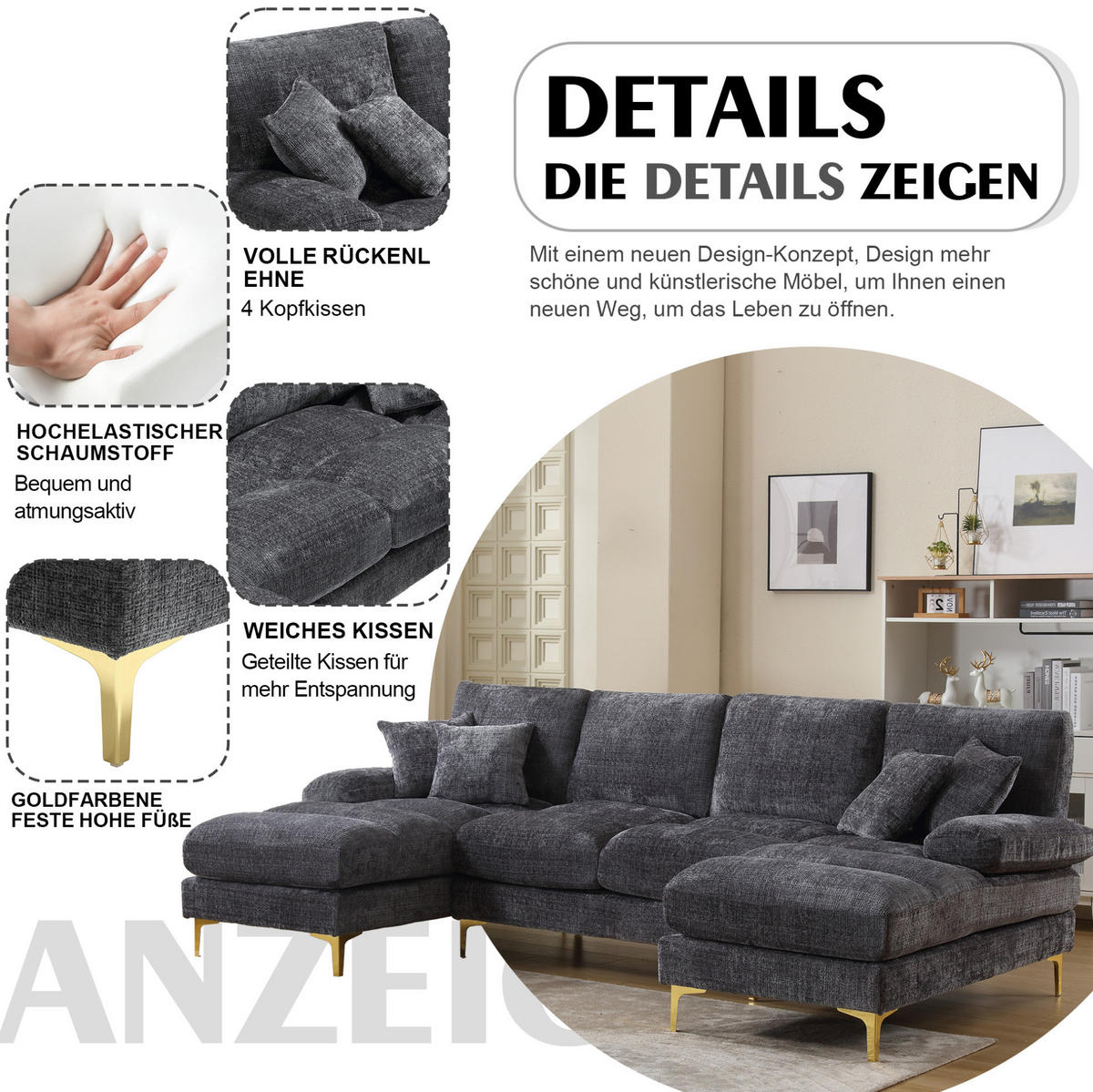 SEDACIA zostava zo ženilky, 272/136/88 cm sivá, tvar U s 2 leňoškami - sivá, textil (136/88/272cm) - BEAOK
