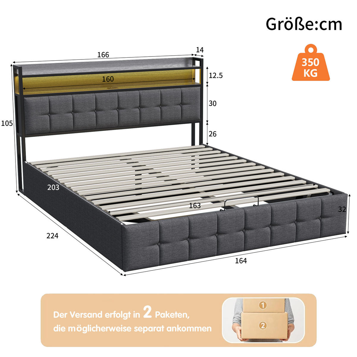 POLSTERBETT 160x200 cm LED Bettkasten USB Steckdose grau - Grau, Holz (160/200cm) - Fortuna Lai