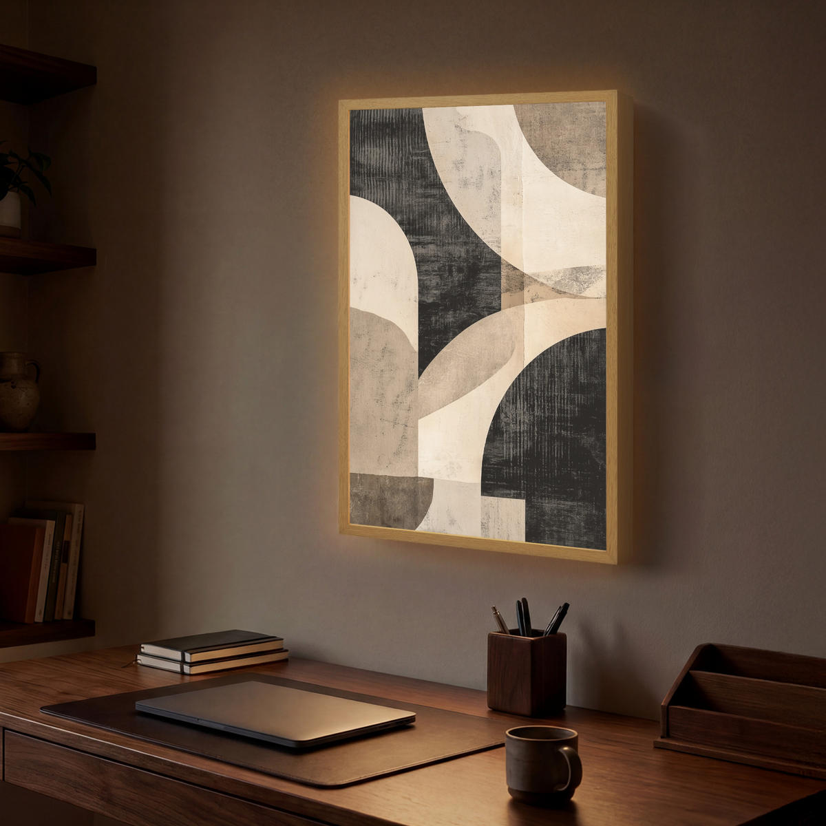 NÁSTĚNNÁ LAMPA S AKUMULÁTOREM Abstraktní - Tvary - Moderní - Béžová 40x60 cm - šedá, kompozitní dřevo (40/60/8cm) - OnlyWow