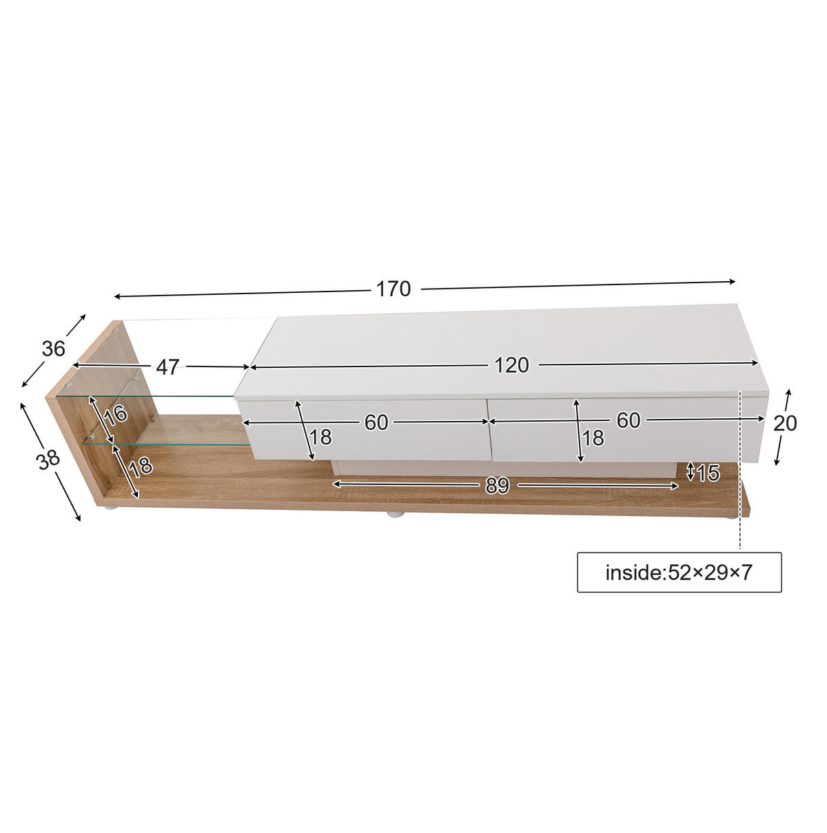 LOWBOARD 170/36/38 cm aus Spanplatte mit App-steuerbarer LED-Beleuchtung Weiß - Weiß, Holzwerkstoff (170/38/36cm) - Modenvie