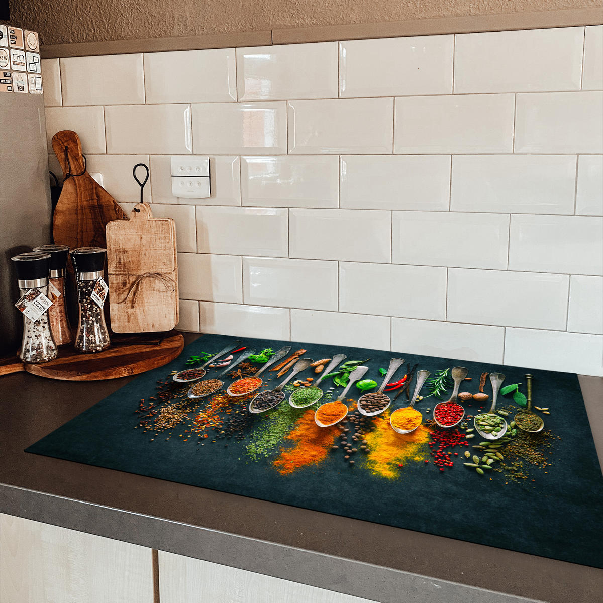 HERDABDECKPLATTE Kräuter - Gewürze - Löffel 80x52 cm - Multicolor, Kunststoff (80/0.2/52cm) - MuchoWow