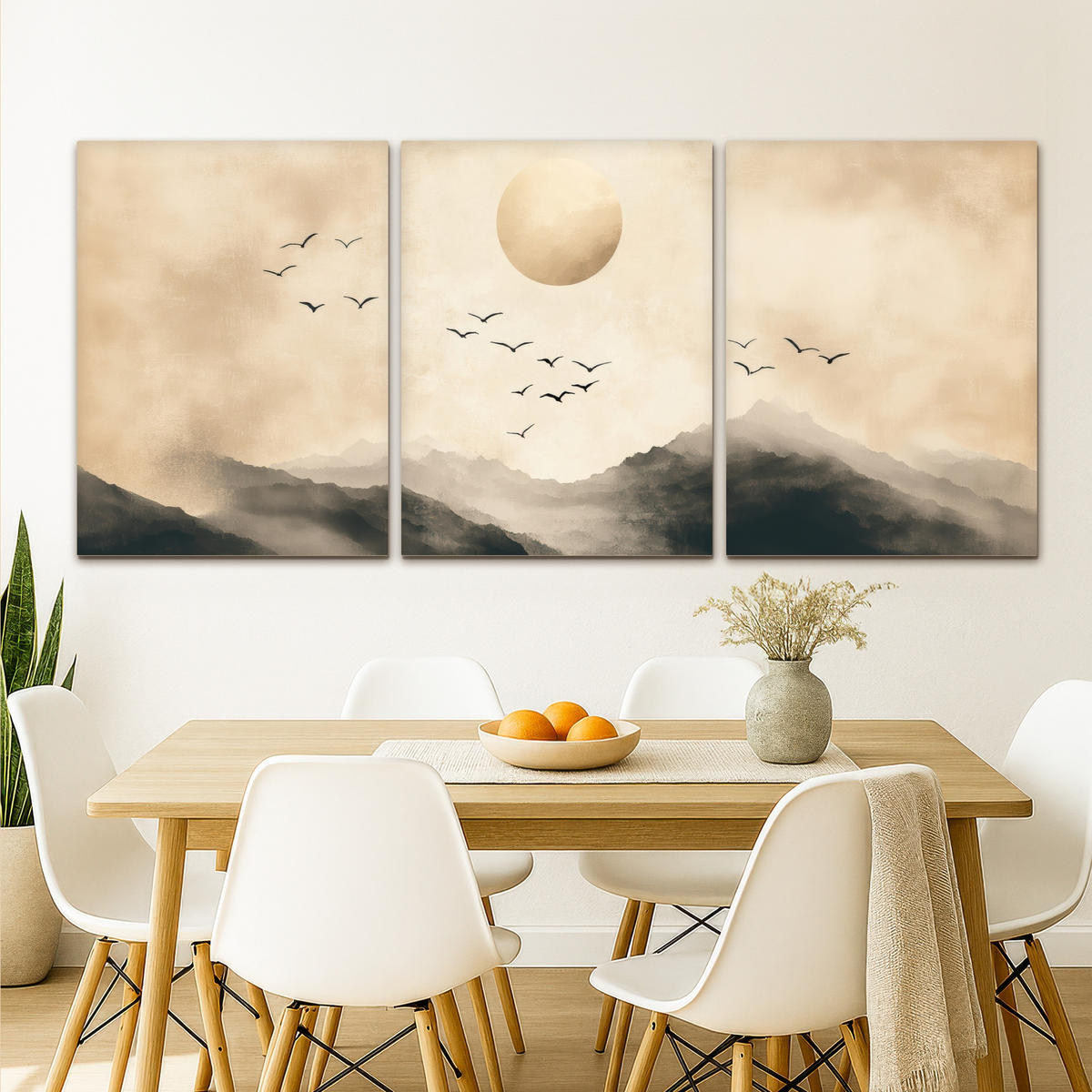 LEINWANDBILD 3er Set Landschaft - Japandi - Beige - Vögel 180x80 cm - Beige, Textil (180/80cm) - MuchoWow