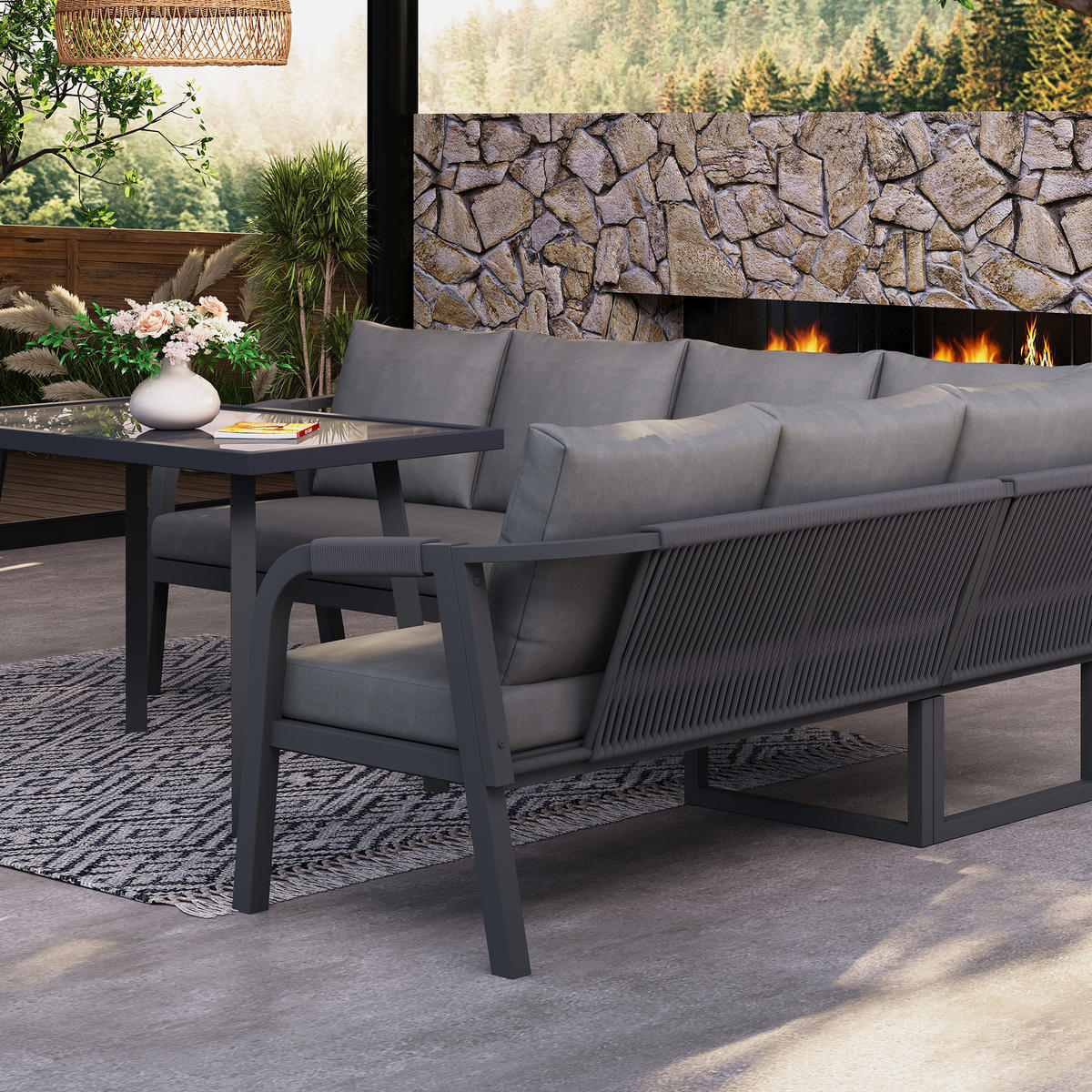 GARTEN-ESSGRUPPE 6 Personen Ecksofa Esstisch Stahl Grau - Grau, Textil - FLIEKS