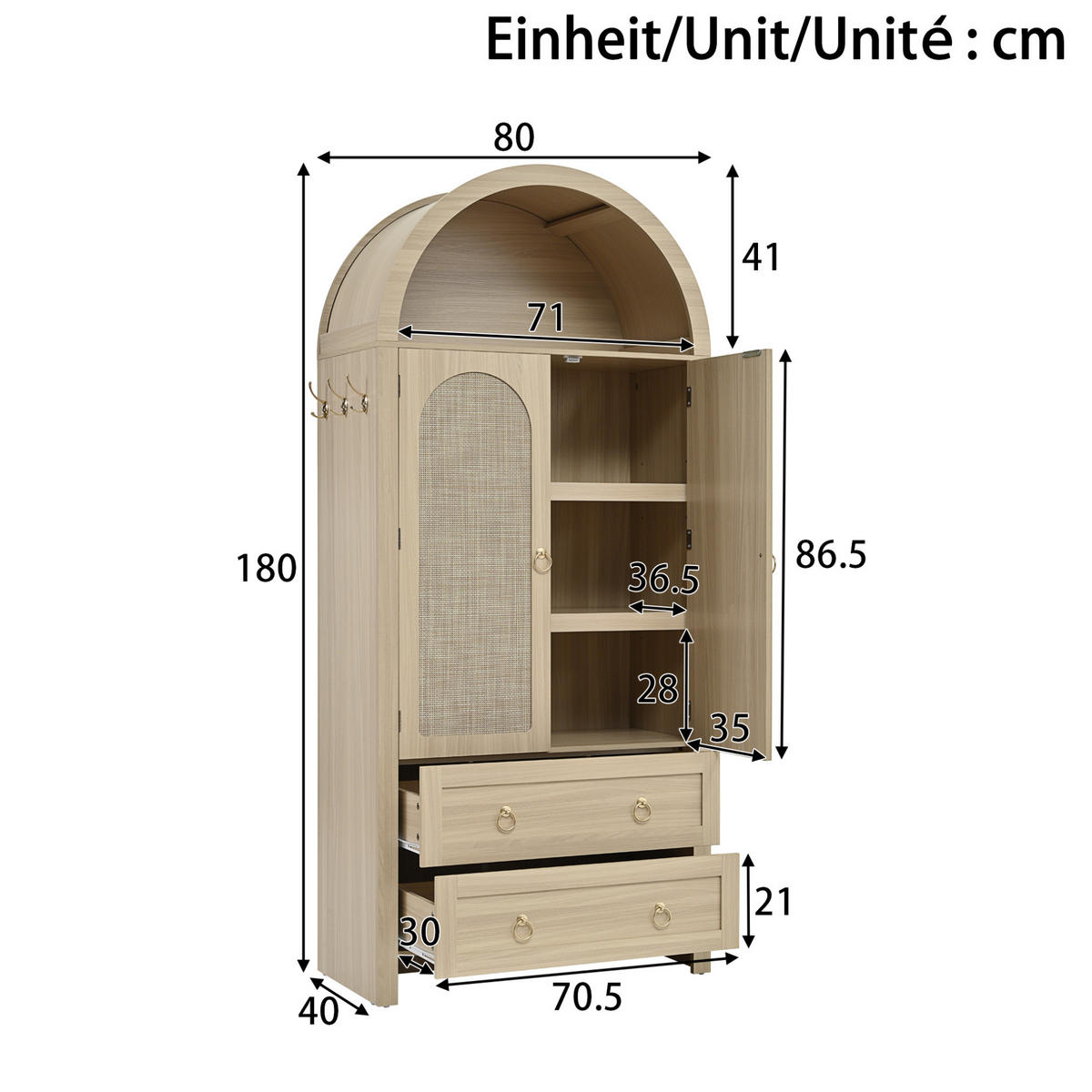 KOMMODE 80/40/180 cm aus MDF mit Rattangeflecht und verstellbaren Regalböden Eichefarben - Eichefarben, Holzwerkstoff (80/180/40cm) - Modenvie