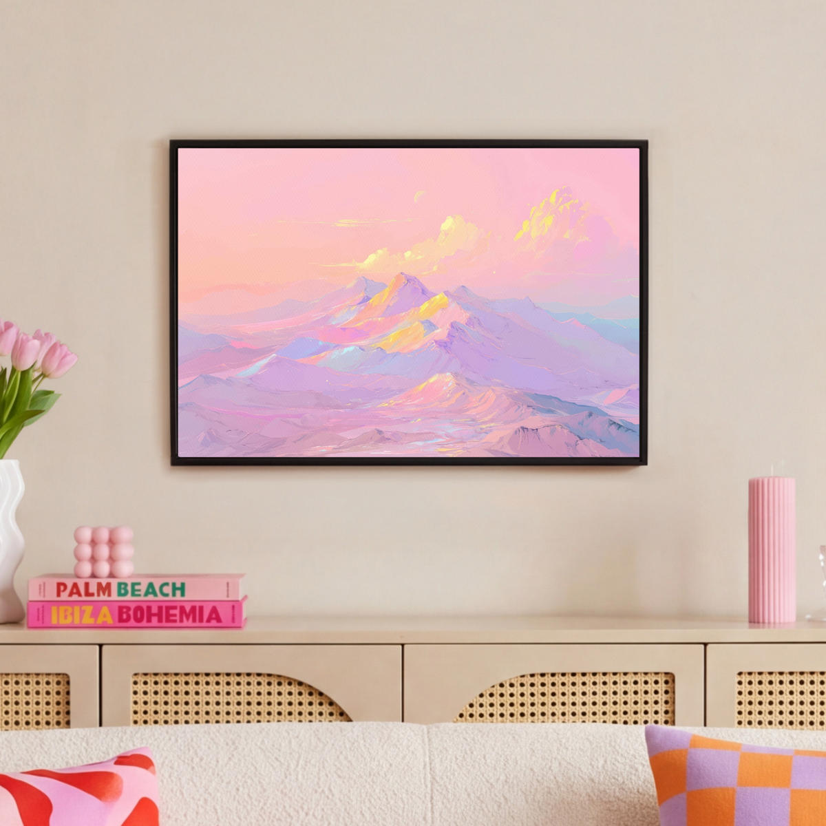 LEINWAND Bilder mit Rahmen - Berggipfel - Wolken - Verträumt - 60x40 - Hellrosa, Textil (60/40cm) - MuchoWow