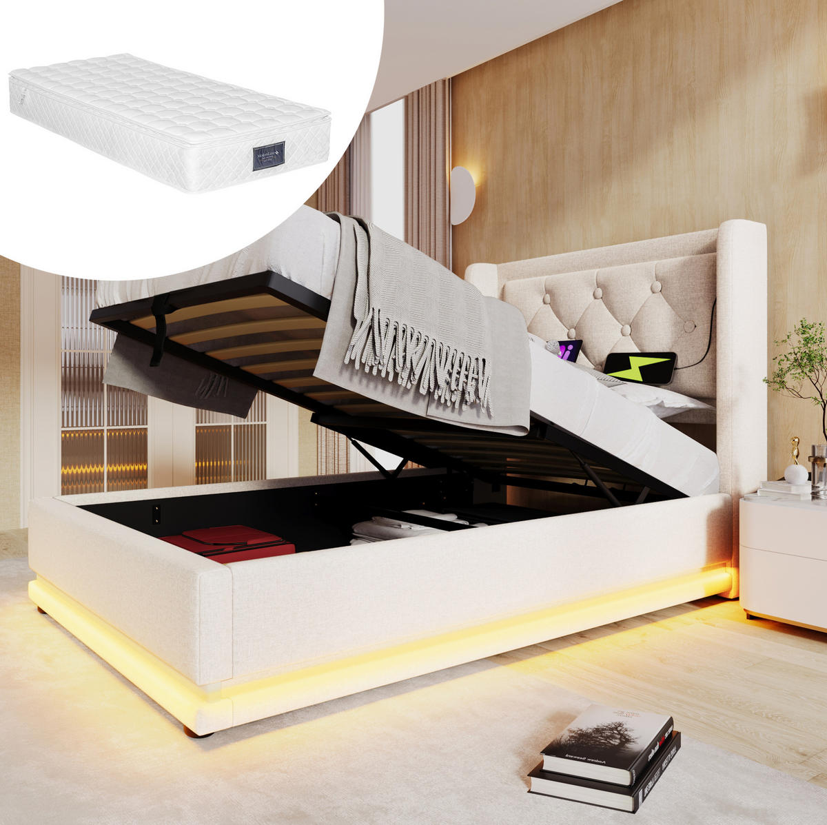 POLSTERBETT 90/200 cm mit USB, Typ-C, Matratze, 3-seitiger LED und hydraulischem Stauraum, Beige - Beige, Textil (90/200cm) - Redom