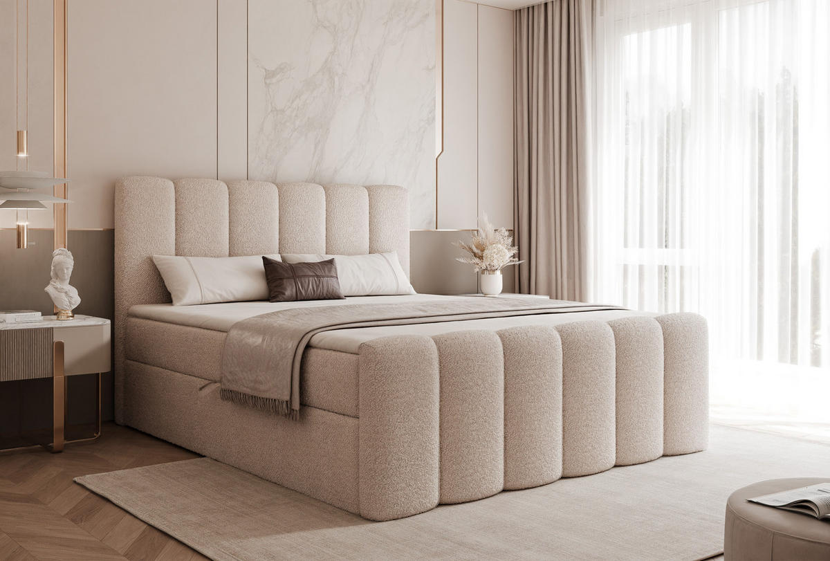 BOXBETT M3 120x200 cm Abriamo Boucle Bettkasten + Topper - Beige, Holz/Textil (120/200cm) - Comfortic