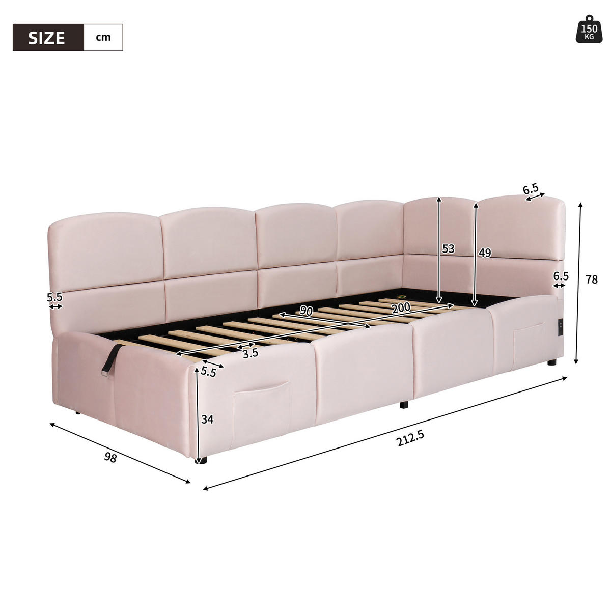 POLSTERBETT 90/200 cm mit hydraulischem Stauraum, USB-A/USB-C und Seitentaschen, Samt, Rosa - Rosa, Textil (90/200cm) - Redom