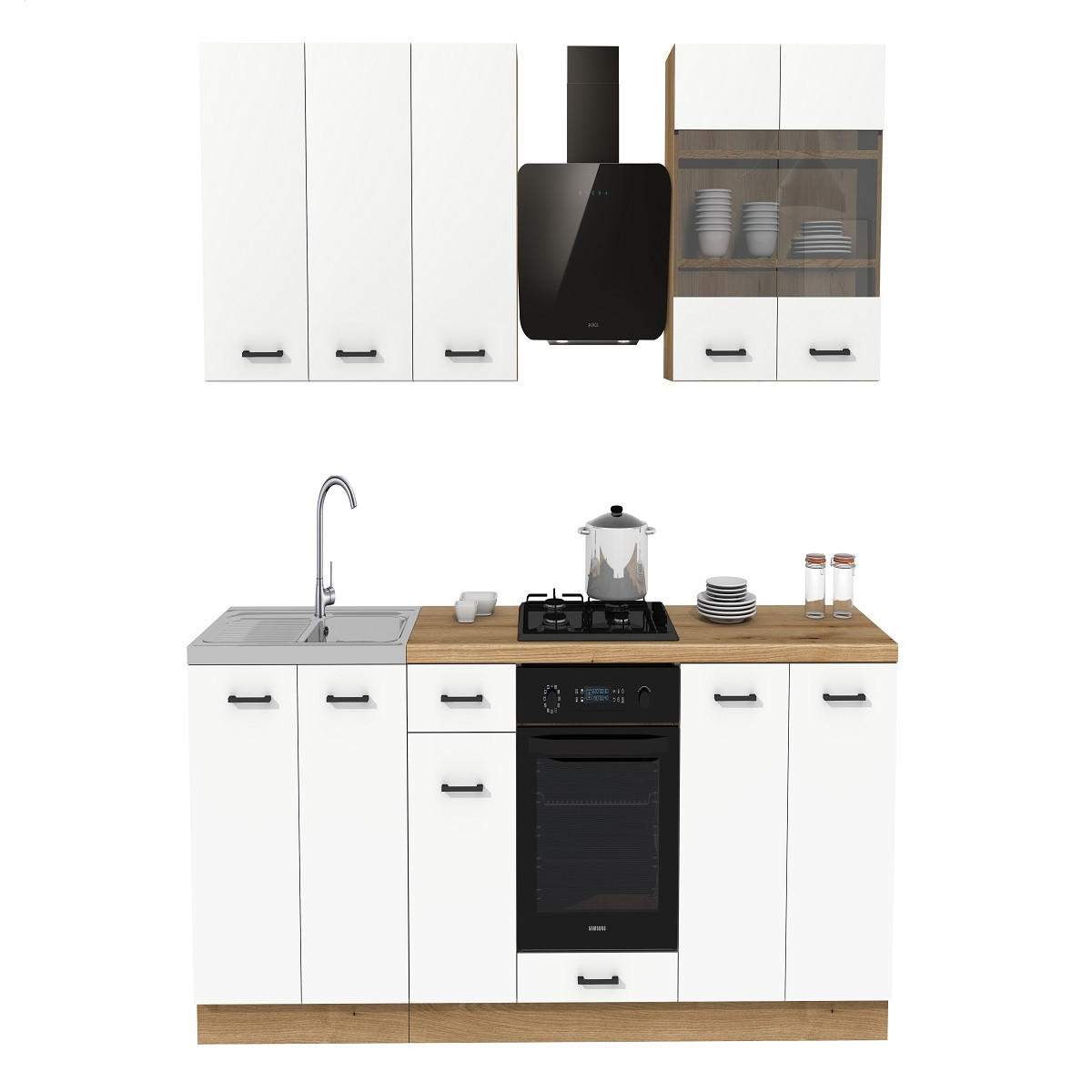KÜCHENZEILE 260 cm mit Arbeitsplatte - SIMPLY Z20 - in Weiß Matt / Eiche - Eichefarben/Schwarz, Holz/Holzwerkstoff (260/212/53cm)