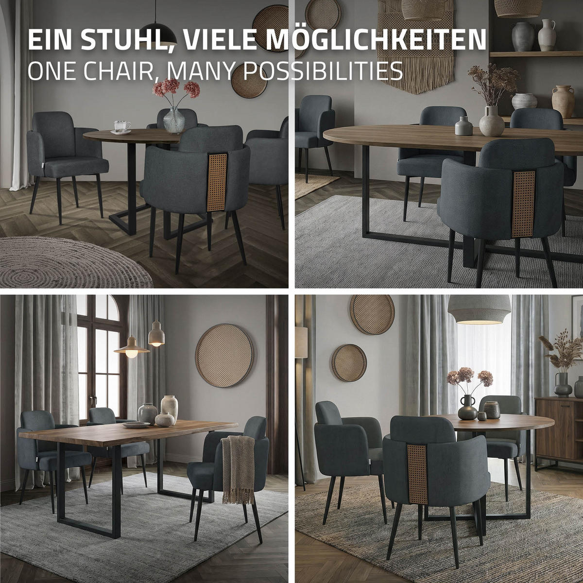 ESSZIMMERSTÜHLE 2er Set Anthrazit mit Stoffbezug Rattan Optik - Anthrazit/Schwarz, Textil/Metall (59/86/59cm) - ML-DESIGN