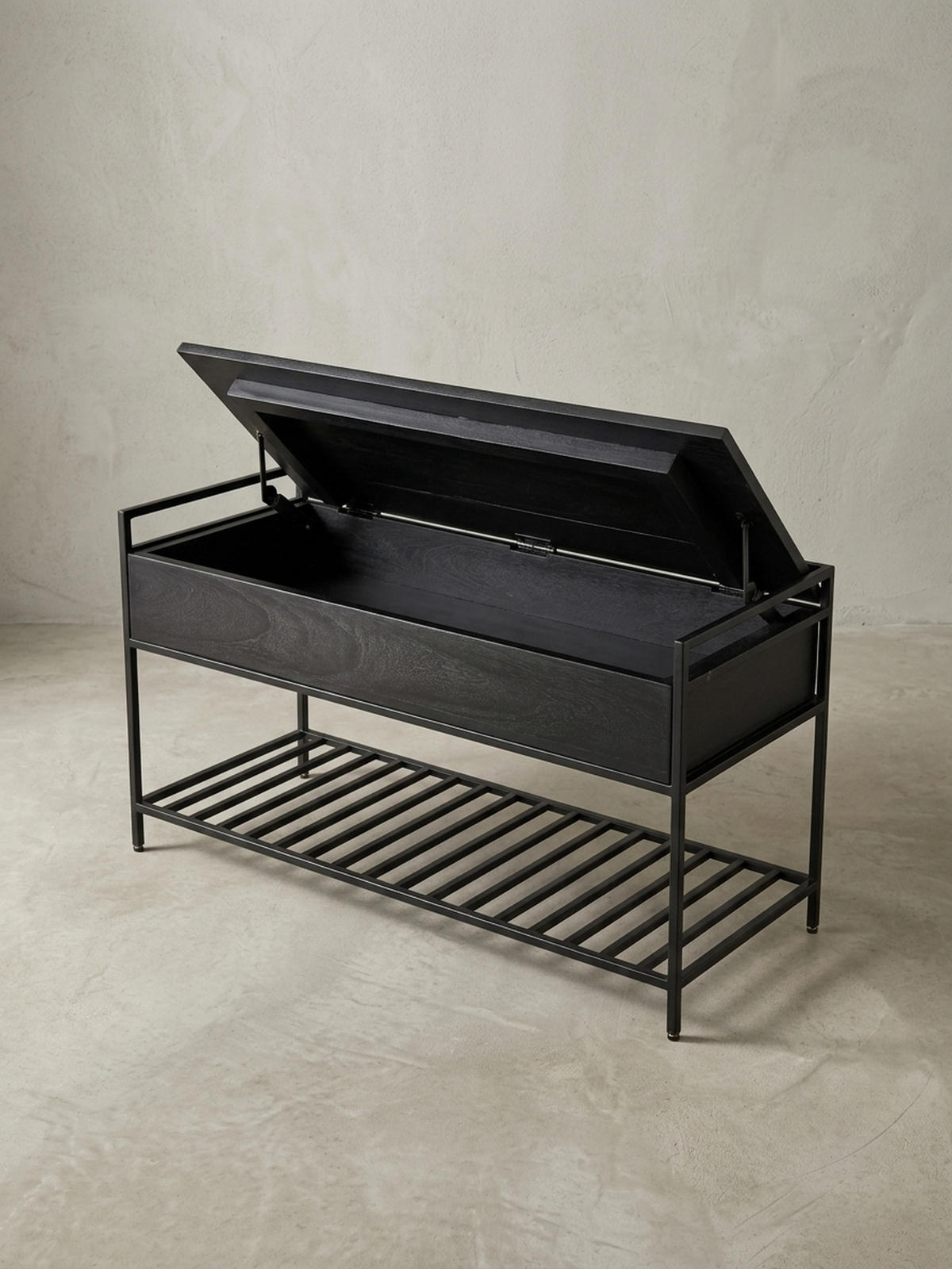 FLURBANK Holz Metall Sitzfläche hochklappbar, Schwarz 90x38x52 cm - Schwarz, Holz/Metall (90/52/38cm) - KADIMA DESIGN