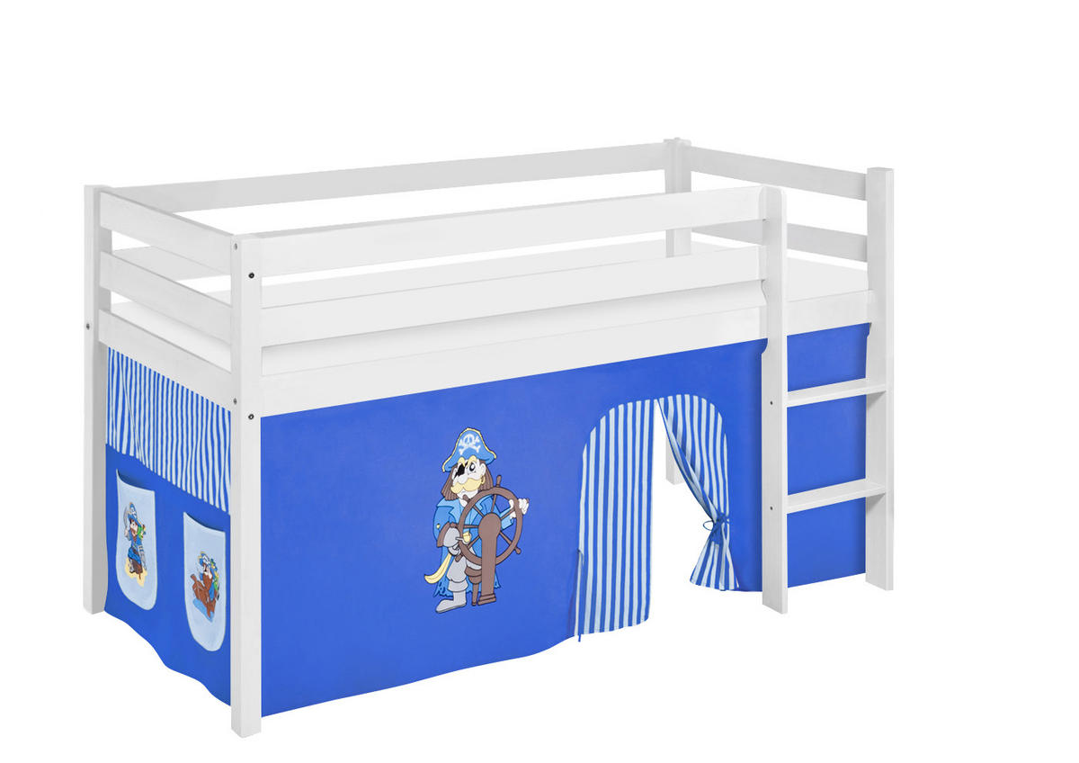 HOCHBETT JELLE mit Pirat blau Vorhang - Kinderbett - Weiß, Holz - Lilokids