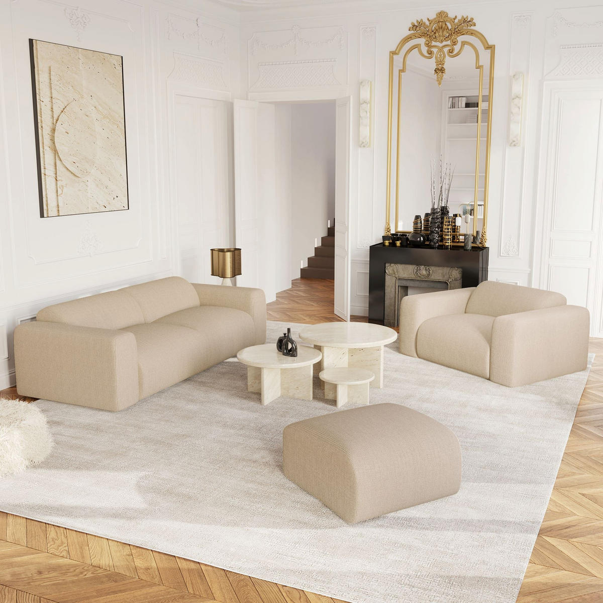 SOFA 3-Sitzer Gerippter Samt Beige 205cm - Beige, Textil (205/73/97cm) - Sia Home