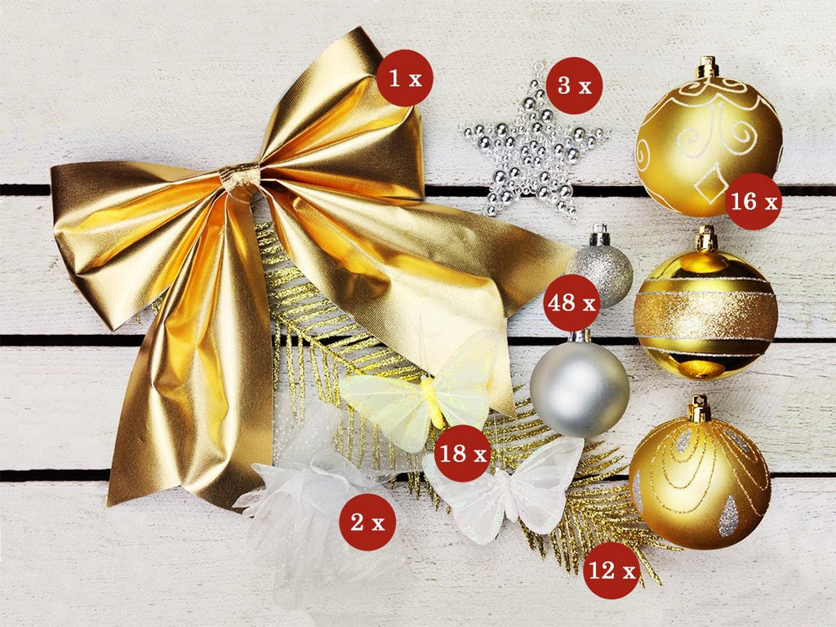WEIHNACHTSBAUMSCHMUCK-SET EDELGLANZ 100-teilig, für Weihnachtsbäume 120–210 cm, inkl. Aufbewahrungsbox - Champagner/Silberfarben, Kunststoff/Textil (55/50/75cm) - LAALU