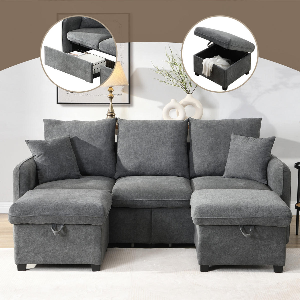 ECKSOFA U-Form Chenille mit Schlaffunktion und Stauraum 3-Sitzer und 2 Hocker 188/186/86 cm Dunkelgrau - Dunkelgrau, Kunststoff/Textil (186/188cm) - Redom