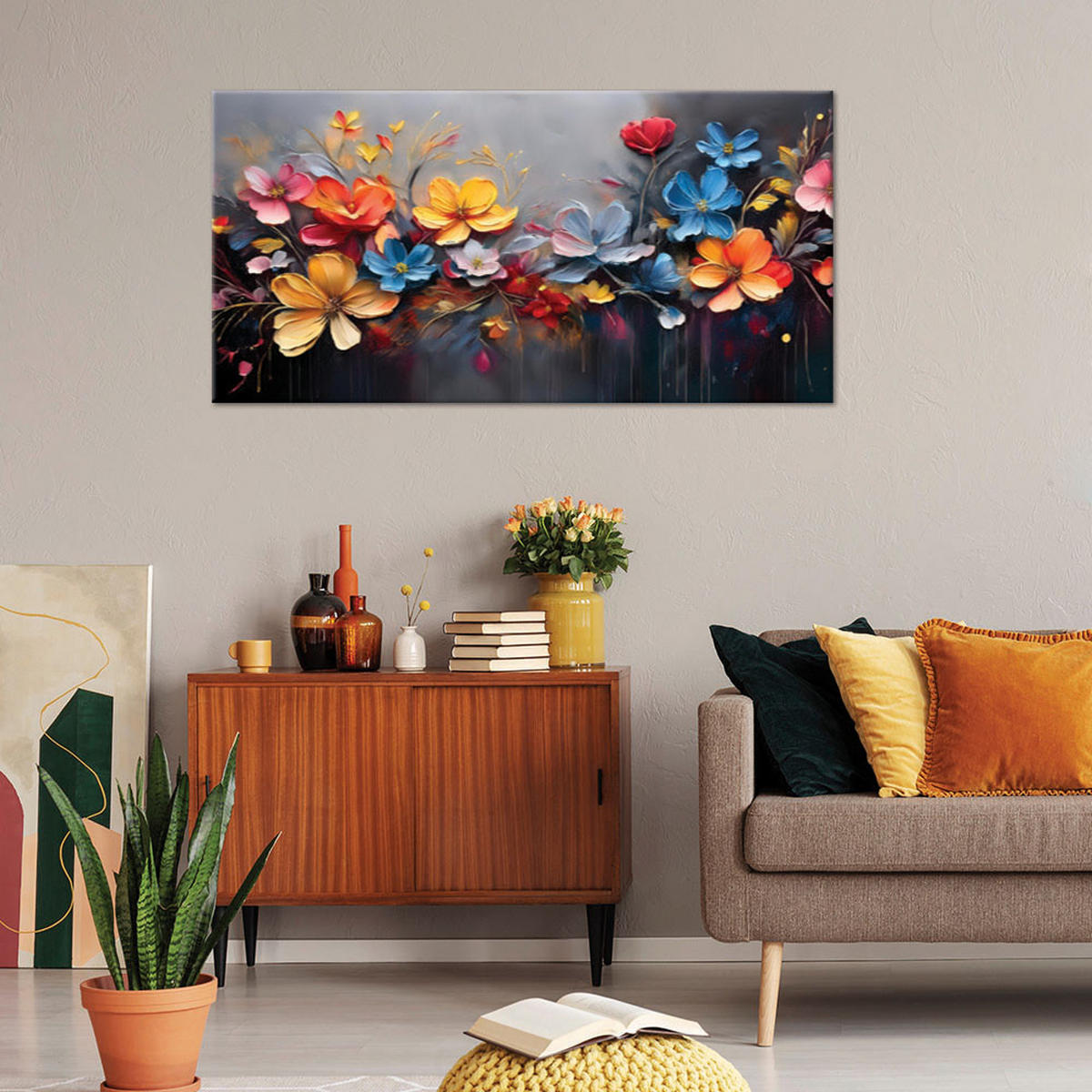 LEINWANDBILD Gemaltes Blumenarrangement 120x60cm - Multicolor, Textil (120/60cm) - Feeby
