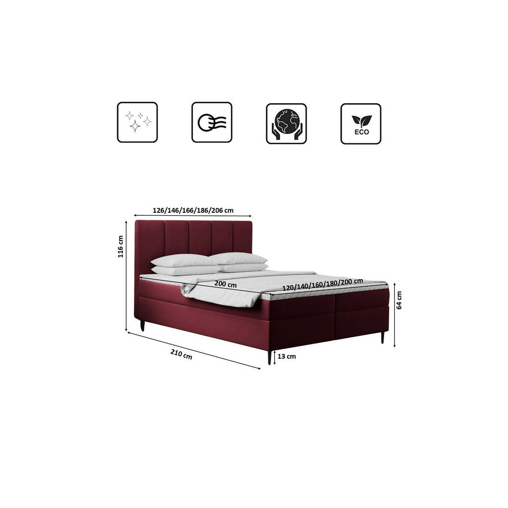 Thumbnail - Kaiser Möbel Boxbett, Rot, Textil, Balkeneiche, 2 Schubladen, H3, Höhe ca. 20 cm, einzeln stellbar, 140x200 cm, Reach, S...