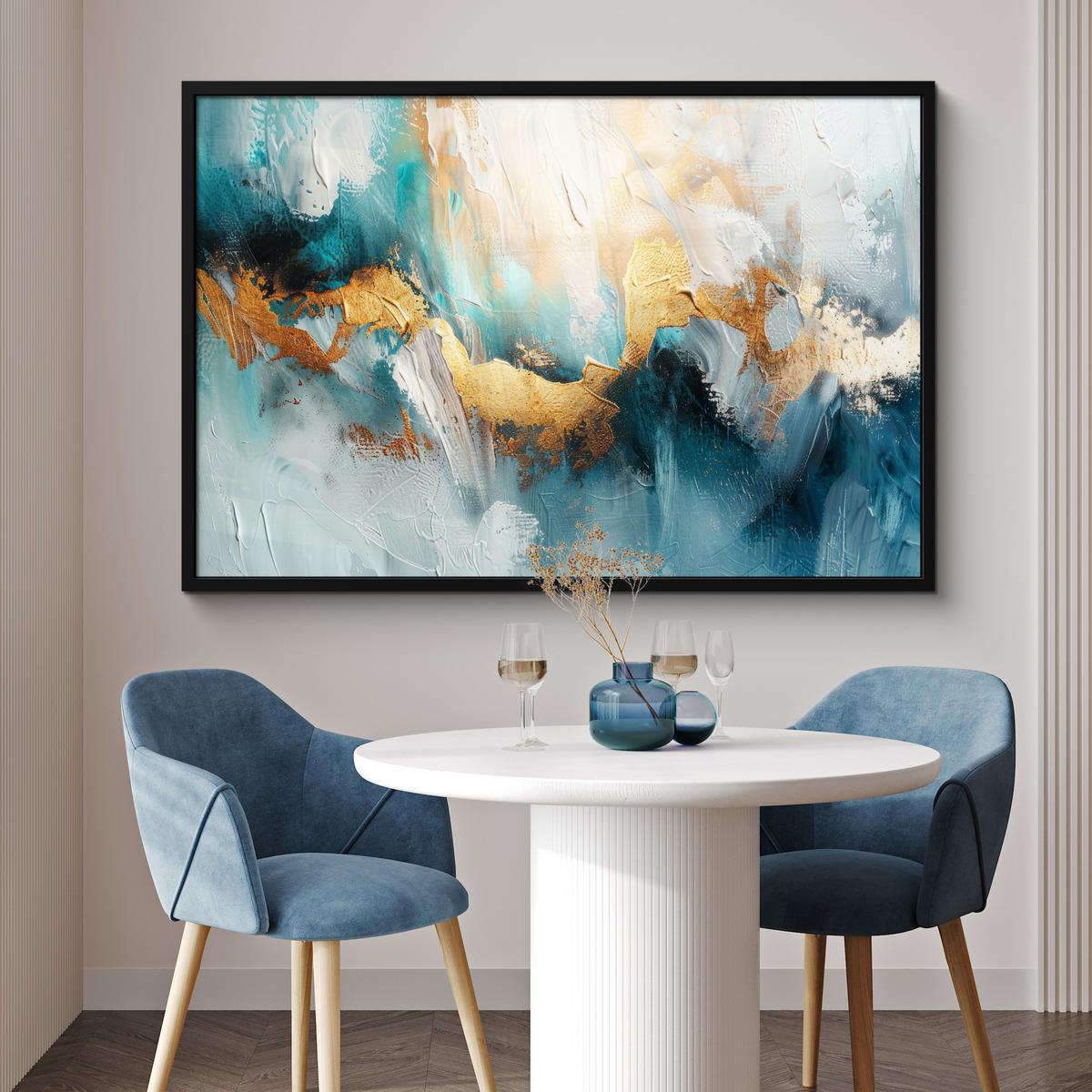 POSTER MIT RAHMENGERAHMTES BILD Abstrakt - Kunst - Gold - Blau 120x80 cm - Petrol, Papier (120/80cm) - MuchoWow