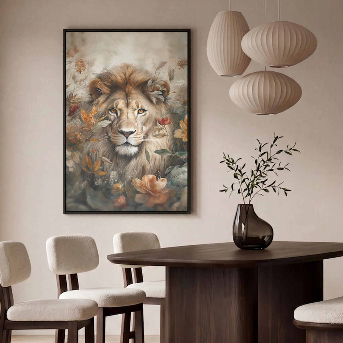 LEINWAND Bilder mit Rahmen - Löwe - Wildtiere - Pflanzen - Natur - Blumen - 90x140 - Beige, Textil (90/140cm) - MuchoWow