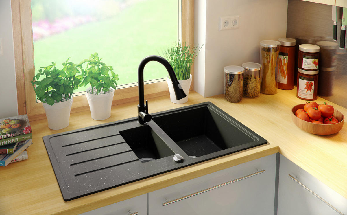 SPÜLBECKEN Kopenhagen Duo, 2-er set Schwarz Metallic 90/50 cm 1,5 Becken + Ablauf-Set ab 60er Unterschrank - Chromfarben/Schwarz Hochglanz, Kunststoff (90/19/50cm) - Primagran