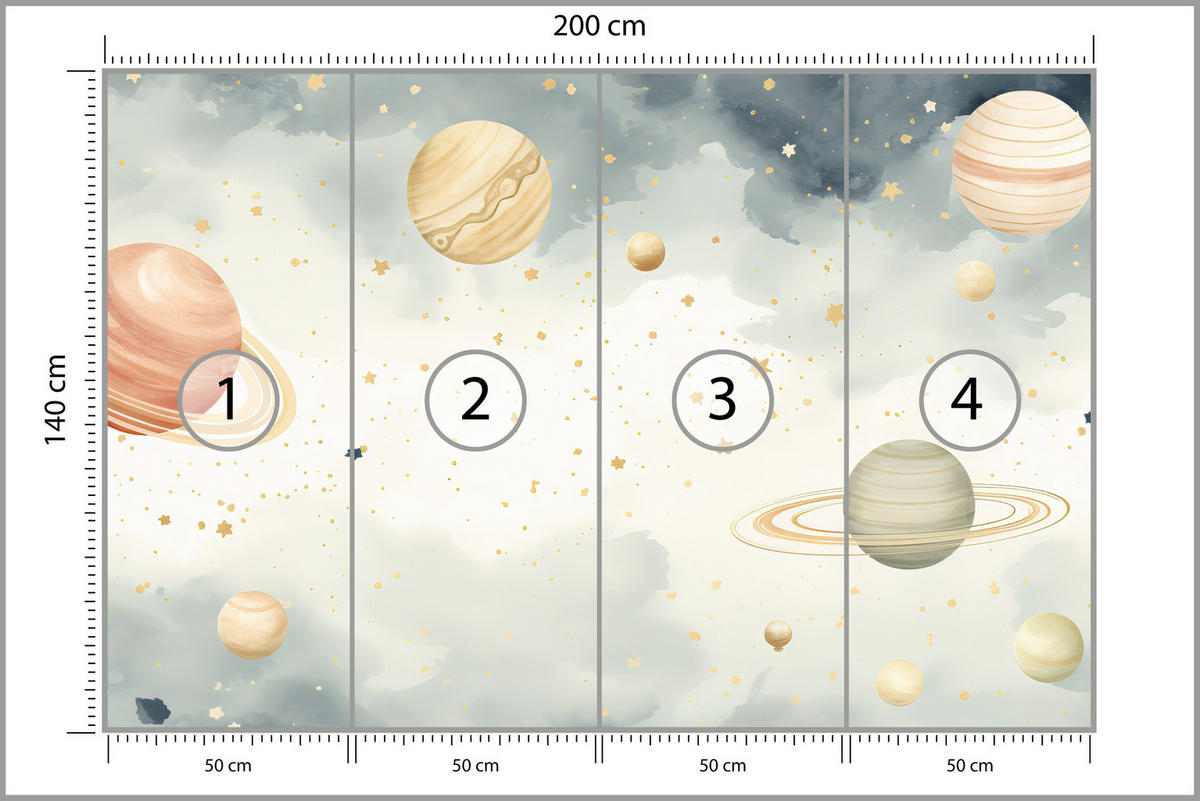 FOTOTAPETE für Kinderzimmer Pastell Planeten Saturn Uran Sterne 200x140 - Blau/Ecru, Papier (200/140cm) - Muralo