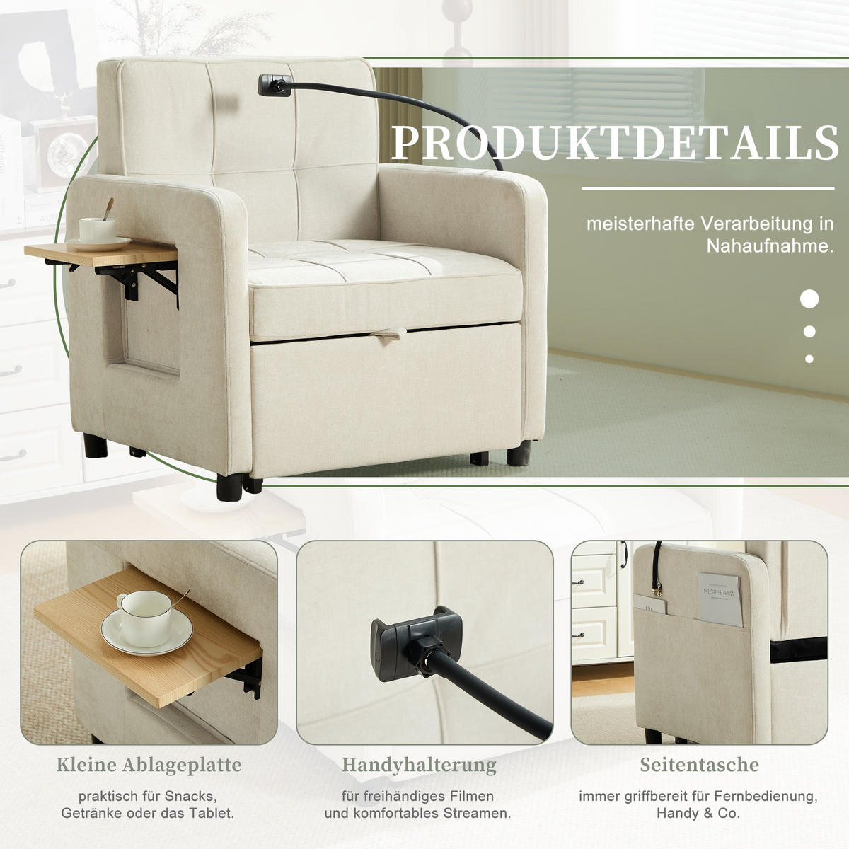 FERNSEHSESSEL 2 in 1 Relaxsessel,Polsterliege mit Schlaffunktion, Stauraum,Chenille,Beige - Beige, Textil (79/83/167cm) - LVHOM