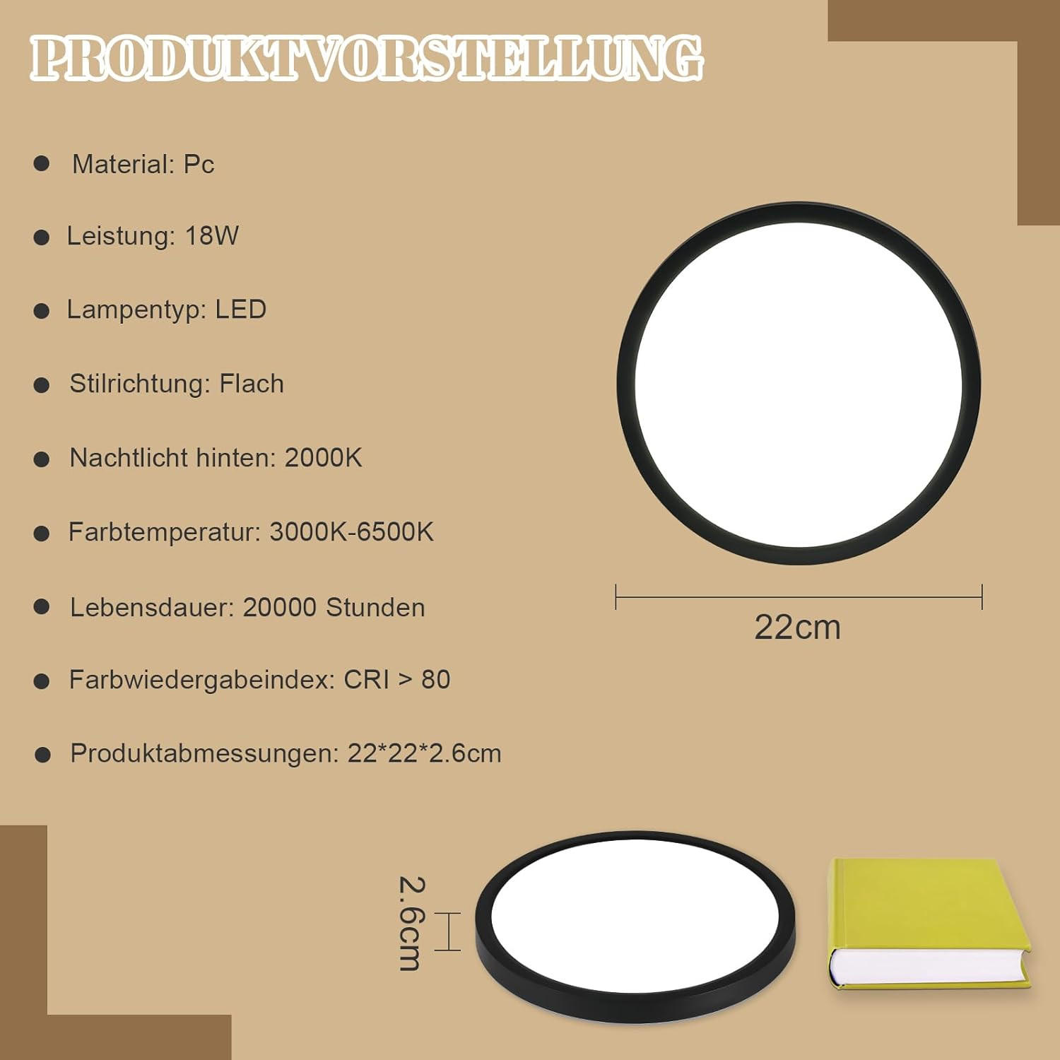 Thumbnail - ZMH Led-Deckenleuchte, Schwarz, Kunststoff, Quadratisch, G, 22x2.6x22 cm, Lampen & Leuchten, LED Beleuchtung, LED-Decken...