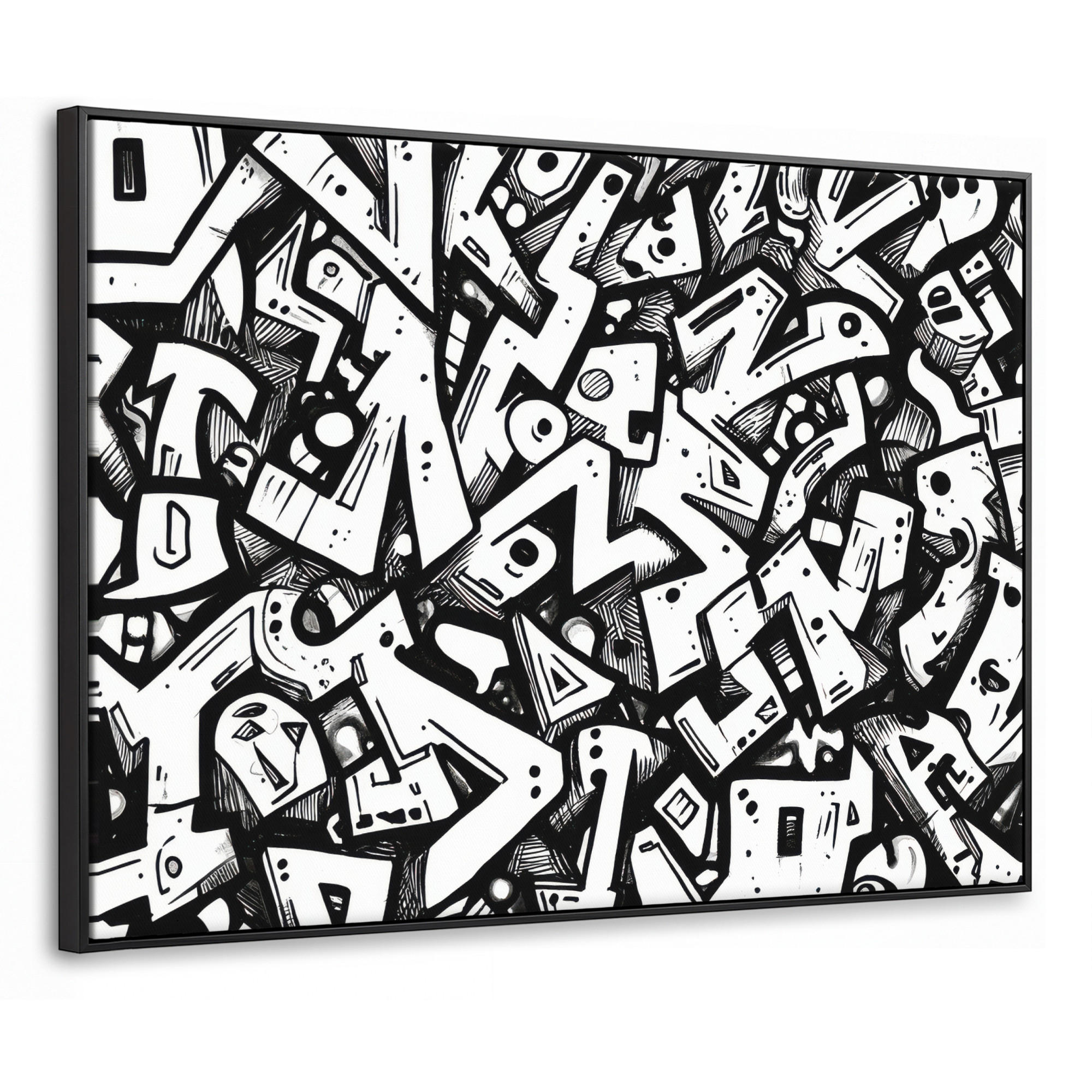 LEINWAND Bilder mit Rahmen - Formen - Buchstaben - Graffiti - Schwarz - 70x50 - Schwarz, Textil (70/50cm) - MuchoWow