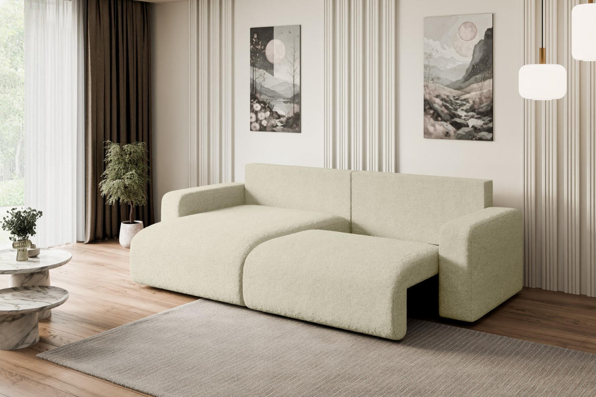 ECKSOFA mit Schlaffunktion und Bettkasten KLEEA-L - 247x143x83 cm Beige Bouclé - Beige/Schwarz, Holzwerkstoff/Kunststoff (247/143cm) - ALTDECOR