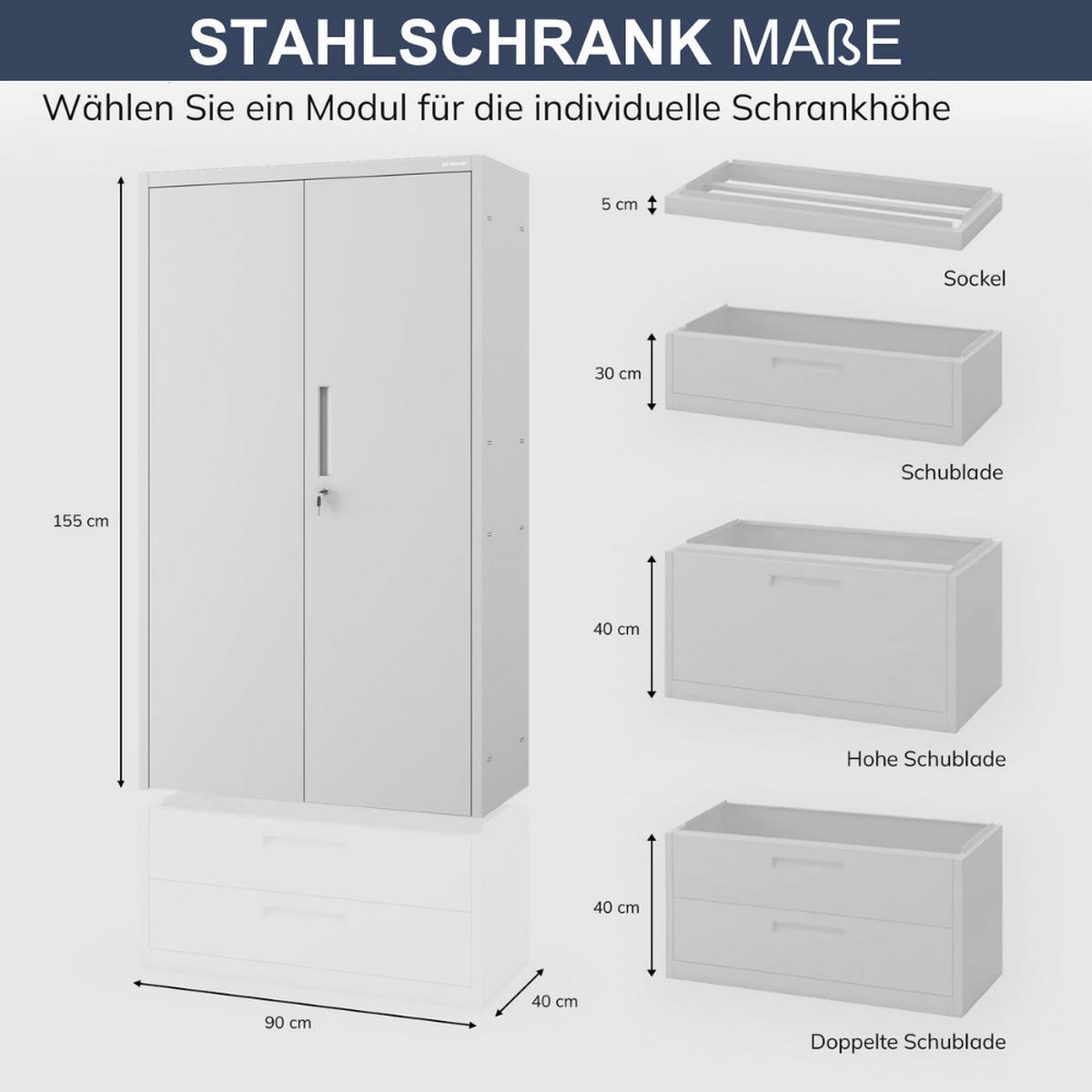 METALLSCHRANK mit Einzel-Schublade MEGAN 195x90x40cm Grau - Grau, Metall (90/195/40cm) - Jan Nowak