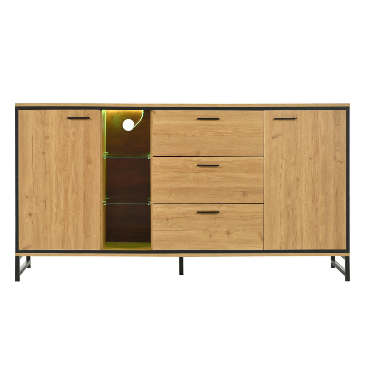 SIDEBOARD mit LED 15 Farben verstellbare Regale Spanplatte modern Stauraum Schrank einfache Montage - Schwarz/Naturfarben, Glas/Holzwerkstoff (160/85/40cm) - EVRYAE