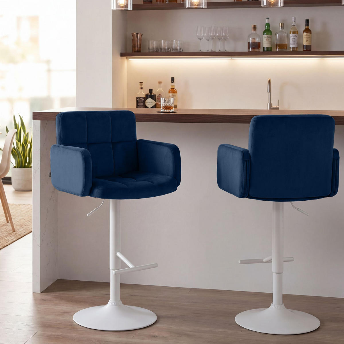 BARHOCKER 2 Samt Blau - Blau/Weiß, Textil/Metall (60/93/56cm) - CLP