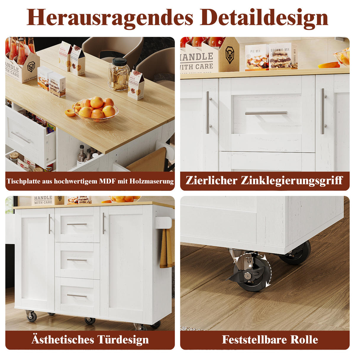 KÜCHENWAGEN 135x74x87.2cm Weiß mit Klappseiten, 3 Schubladen, Snackregal & 5 Rollen - Weiß, Holzwerkstoff (135/87.2/74cm) - Modfu