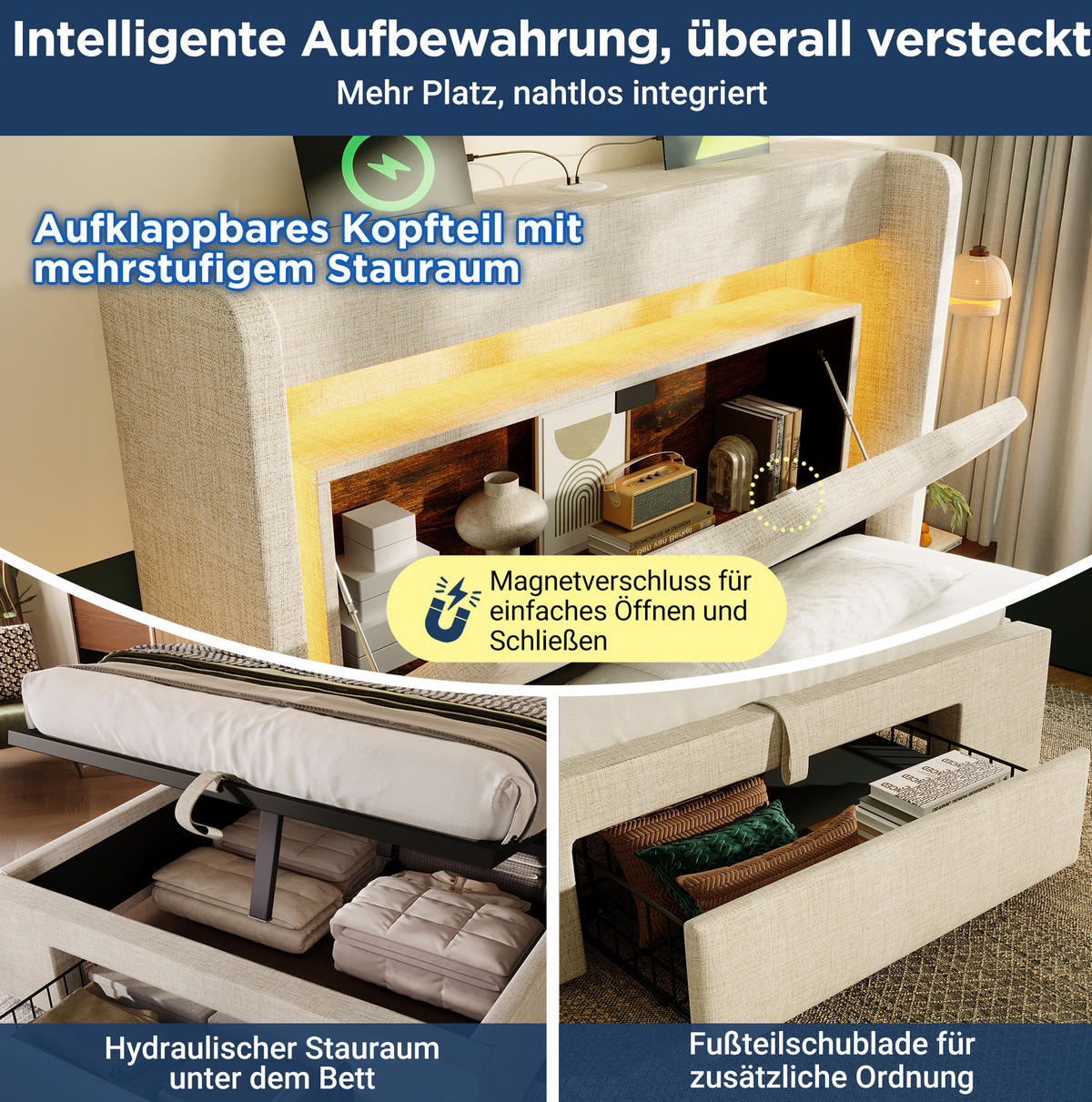 POLSTERBETT 90/200 cm mit Bettkasten, LED-Beleuchtung und gepolstertem Kopfteil - Beige, Textil (90/200cm) - BEAOK