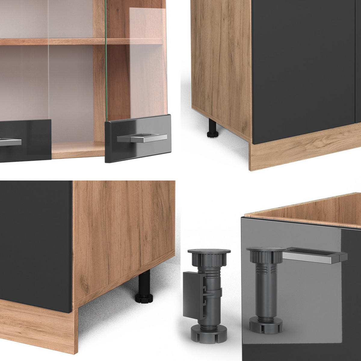 KÜCHENZEILE R-Line Anthrazit Hochglanz/Goldkraft Eiche 300 cm ohne AP - Anthrazit/Eiche Wotan, Holzwerkstoff (300/81.6/46cm) - Vicco