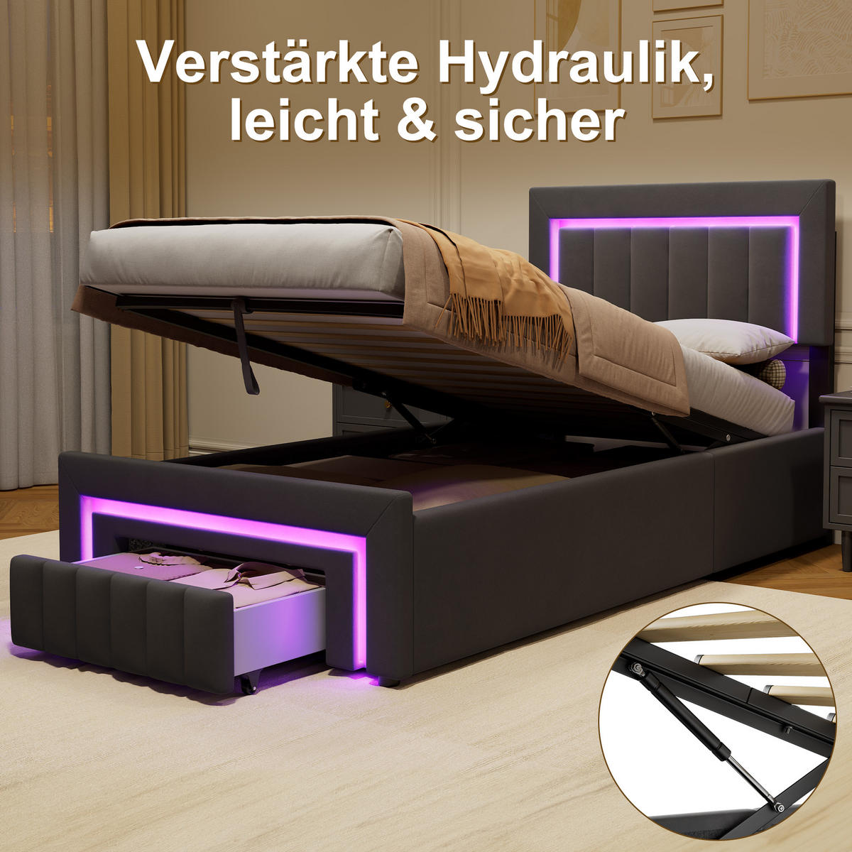 POLSTERBETT 90/200 cm mit hydraulischem Bettkasten, Schublade mit Rollen, LED-Beleuchtung, Grau - Grau, Textil (90/200cm) - Redom