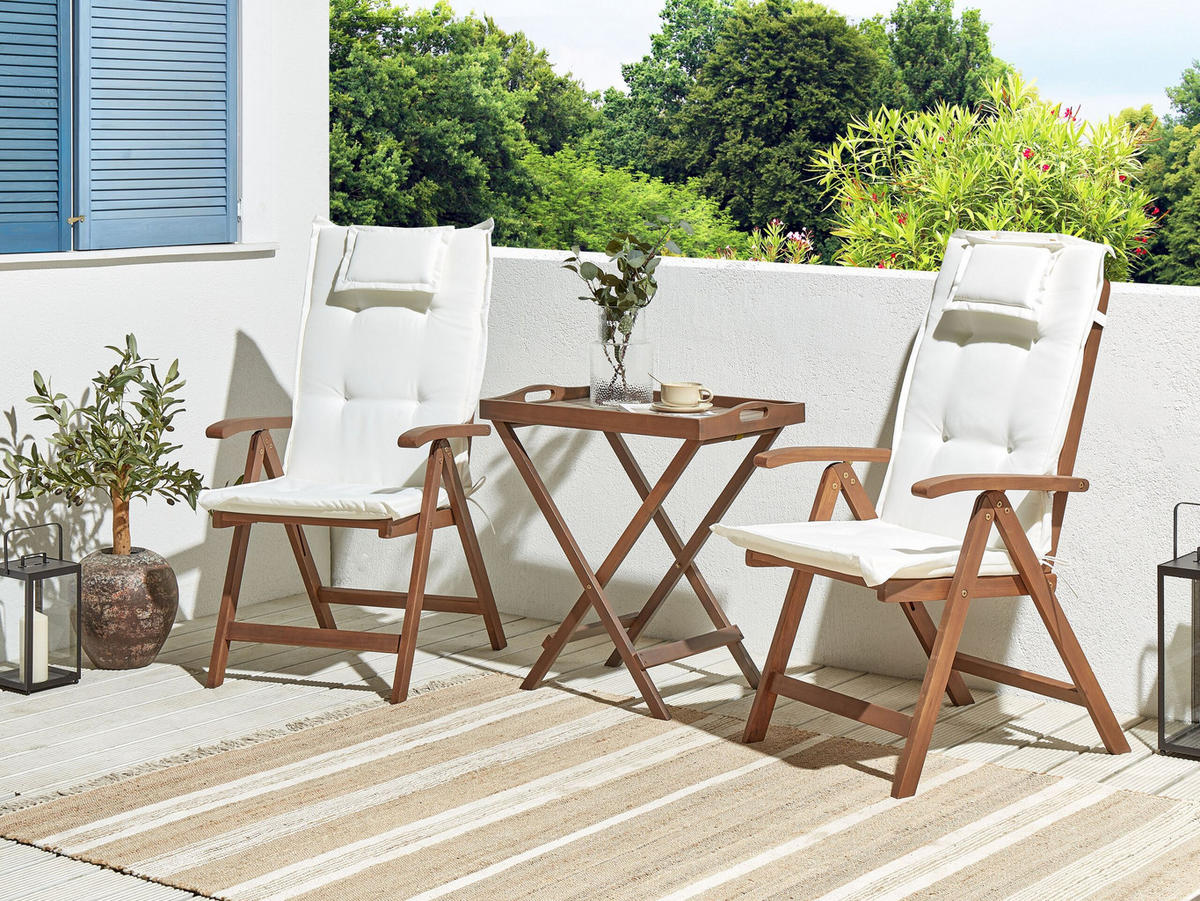 BALKONSET 2-Sitzer Akazienholz dunkelbraun verstellbar Auflagen cremeweiß Amantea - Dunkelbraun/Weiß, Holz/Textil - Beliani