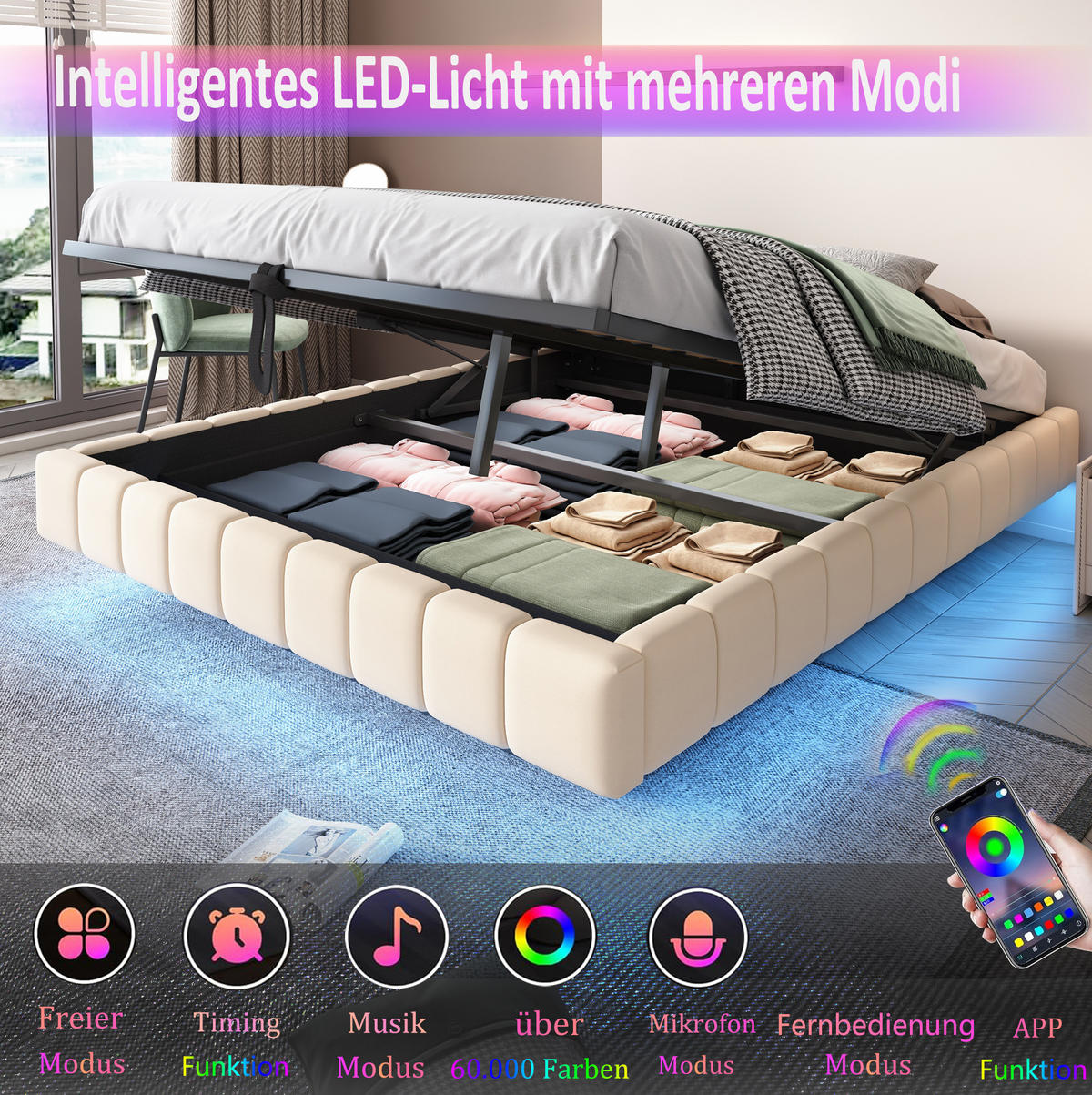 POLSTERBETT 140/200 cm Beige aus Stoff mit LED und Stauraum - Beige, Textil (140/200cm) - OKMYHOME