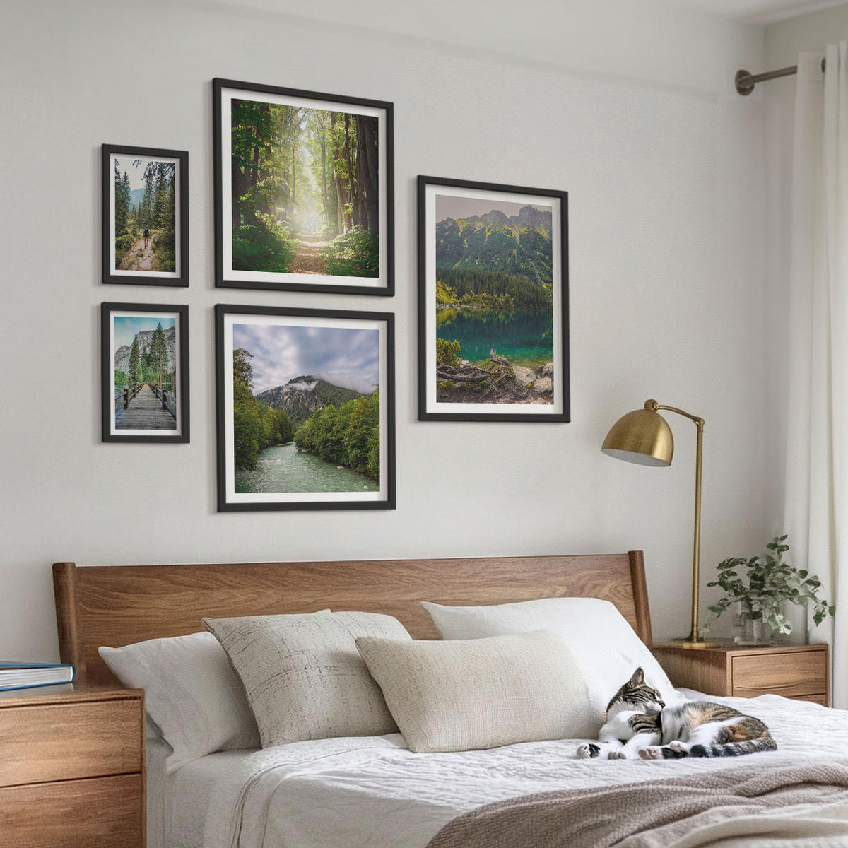 WANDBILDER 5er-Set - 50x50 cm & 20x30 cm & 40x60 cm Schwarzer Rahmen - Straße Wald Berge Hirsch Natur - Schwarz, Kunststoff (40/60cm) - ArtPrintCave