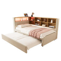 BETT aus Flanell 90x200 cm Beige mit Ausziehbett, LED-Beleuchtung, USB- und Typ-C-Anschluss, Stauraum - Beige, Textil (90/200cm) - Modfu