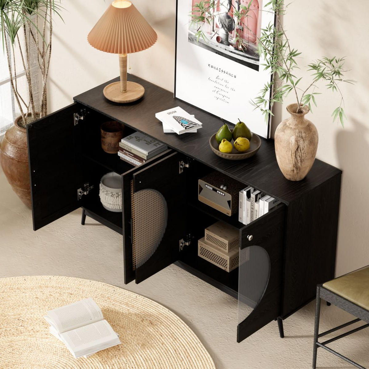 SIDEBOARD mit Glastüren aus Rattan, Halbrunde Tür,Schwarz - Schwarz, Holz (40/80/160cm) - KOMHTOM