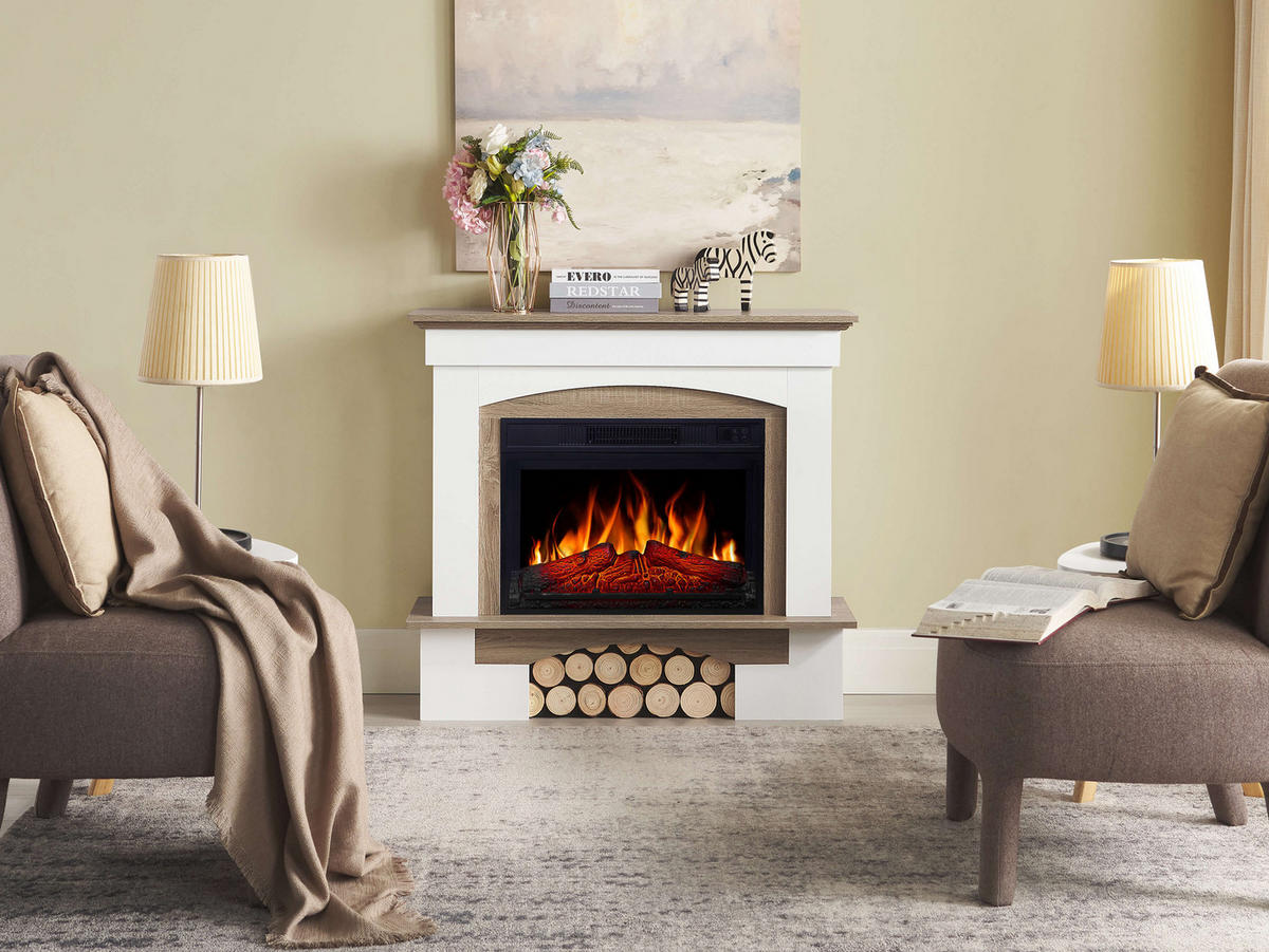 ELEKTROKAMIN Woodley AF23S Weiß Graueiche – Breite 107 cm, 3D-Flammeneffekt, LED-Beleuchtung, Heizfunktion - Weiß, Glas/Holzwerkstoff (98.5/90/30cm) - ArtiFlame