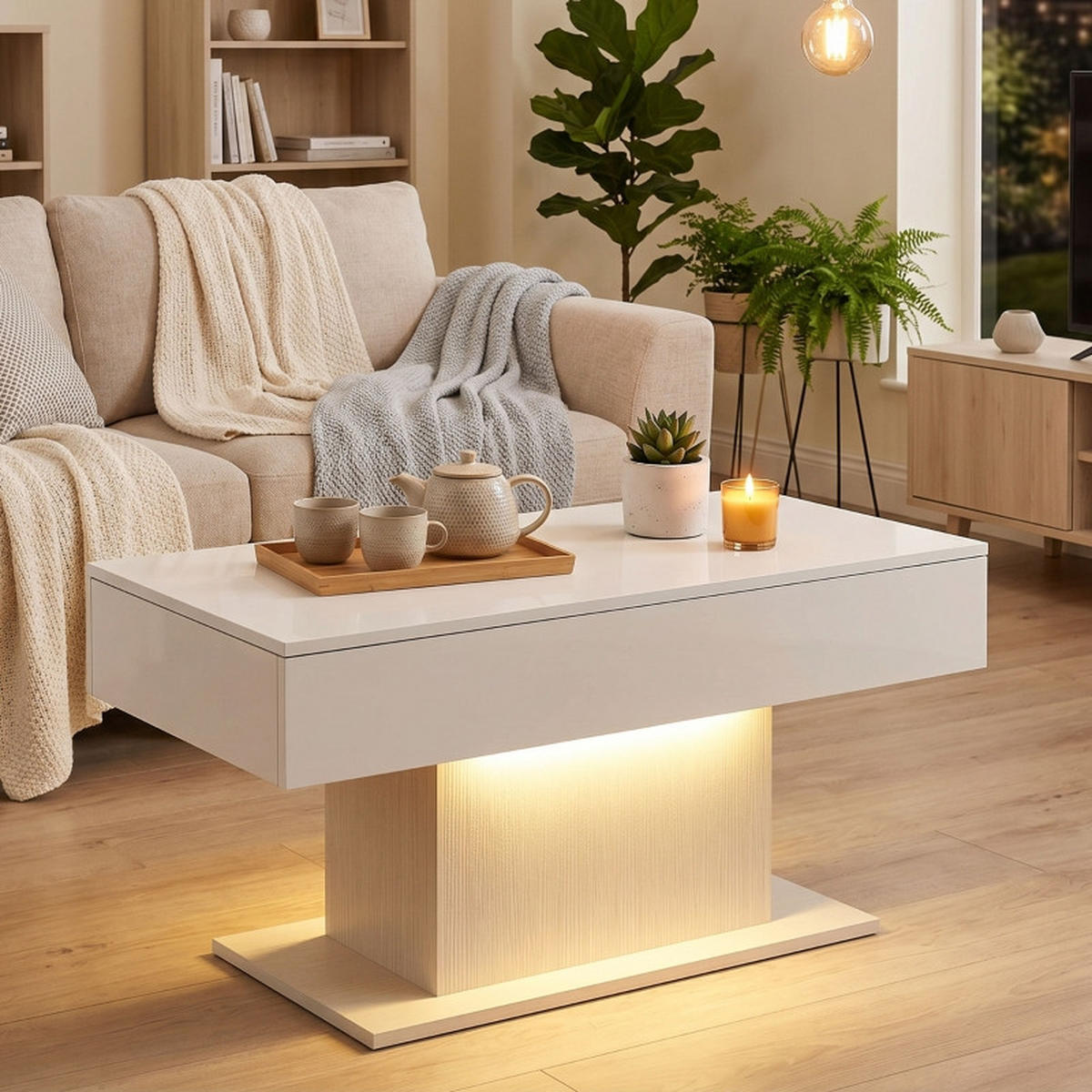 COUCHTISCH DE-37204 mit LED und 2 Schubladen Weiß - Weiß, Holzwerkstoff (108/48/55cm) - ComfortXL