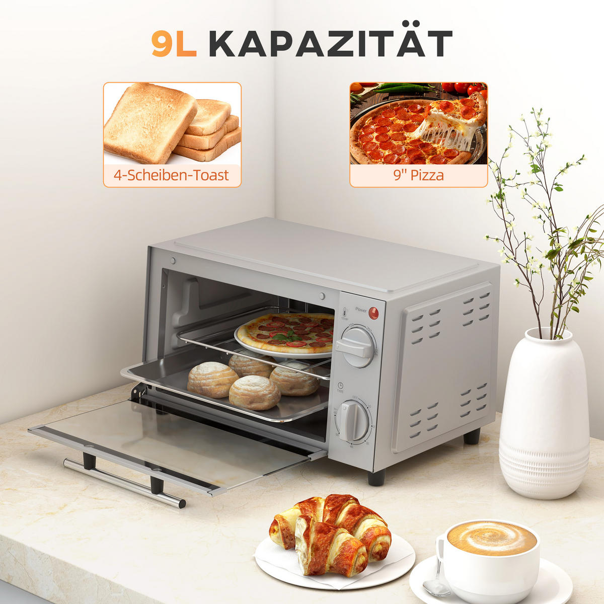 MINIBACKOFEN 9L 750W Mini Ofen mit Backblech & Grillrost, Temperatur 100-230°C, 60 Min. Timer, Edelstahl Silber - Silberfarben, Metall (35/20/24.6cm) - Beaface