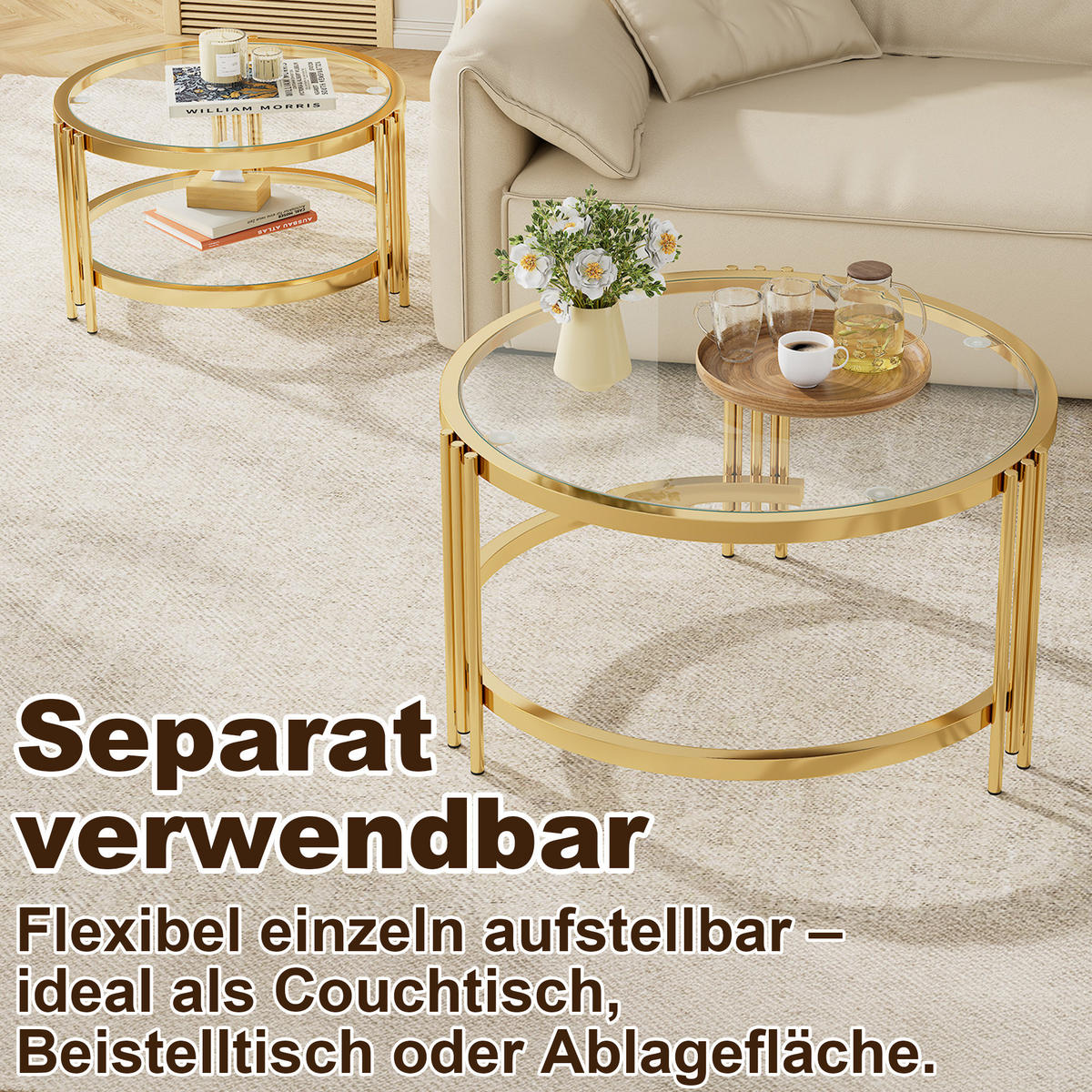 COUCHTISCHE rund, Gold-Titan Metallrahmen mit Glasplatten, modern klassisches Design - Goldfarben, Holzwerkstoff (80/80/45cm) - OKMYHOME