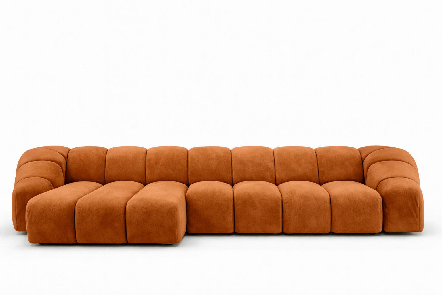 ECKSOFA Modulare L-Form, Veloursstoff Bluvel, Zimtfarbe, Links, CROISSANT XL - Orange, Holz (340/190cm) - Kaiser Möbel
